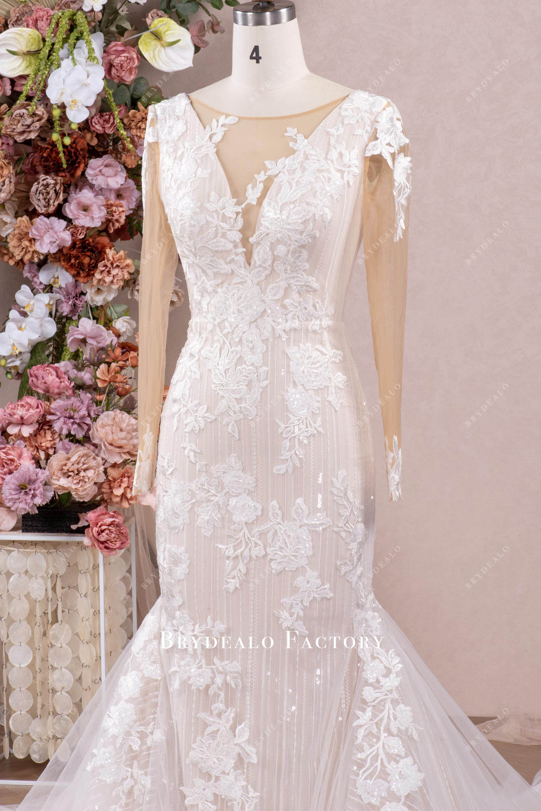 illusion neck sleeved lace wedding dress