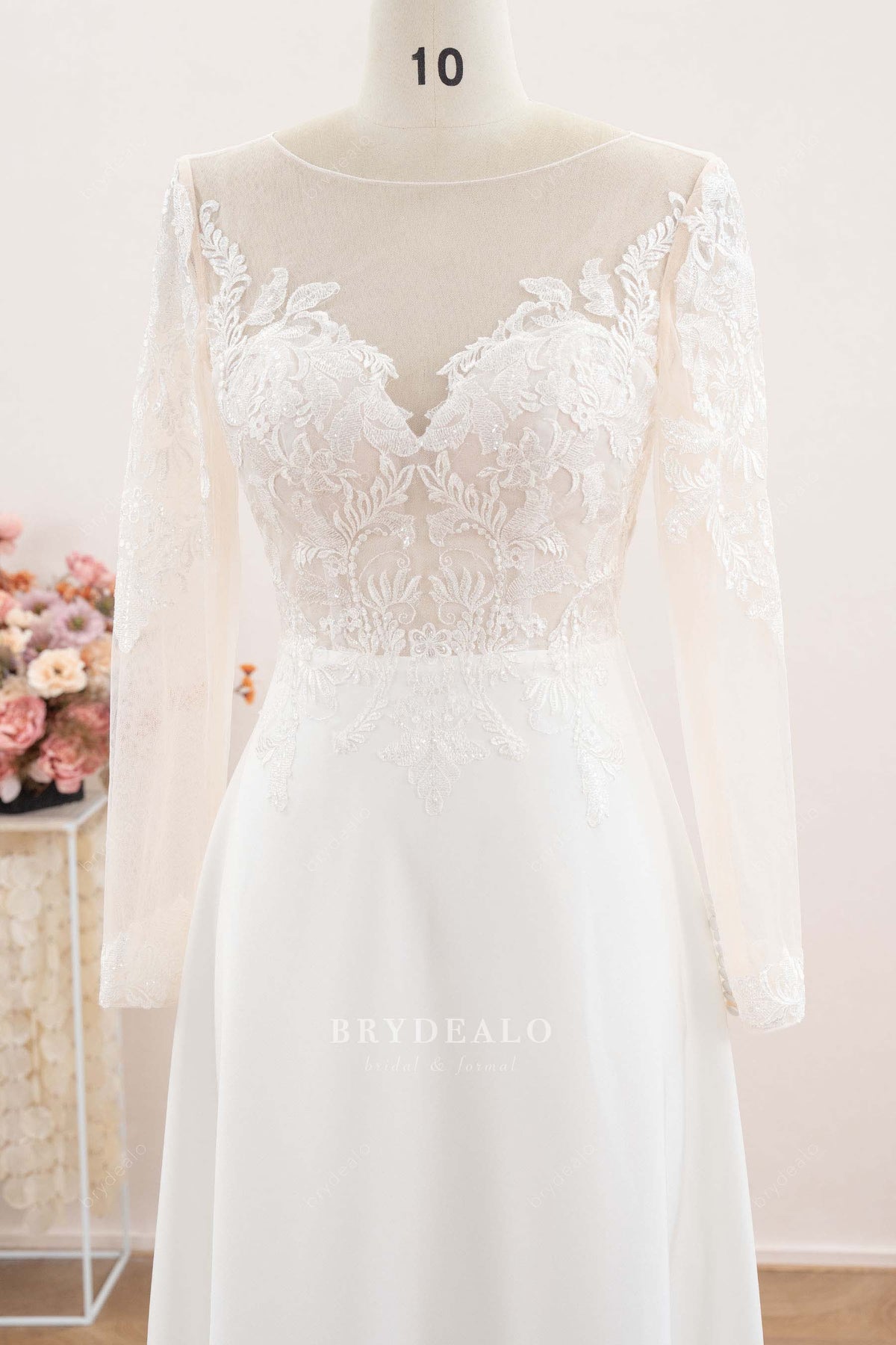illusion neck sleeved lace wedding dress