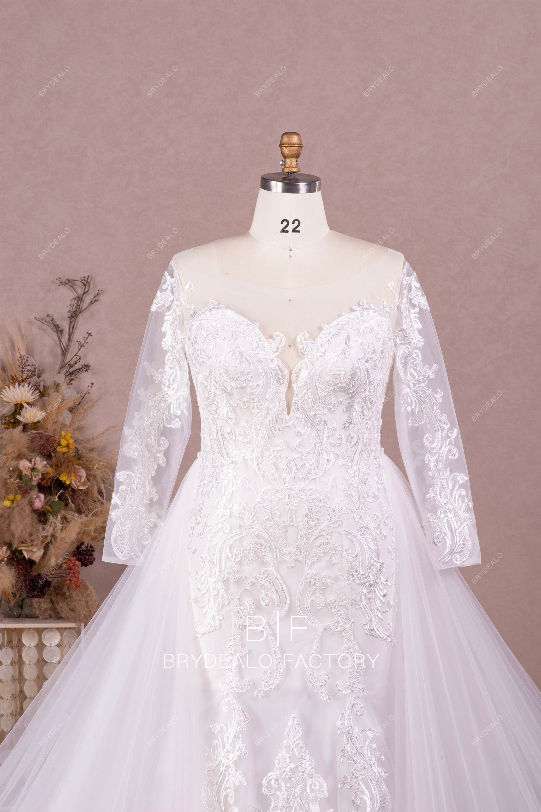 illusion neck sleeved wedding dress