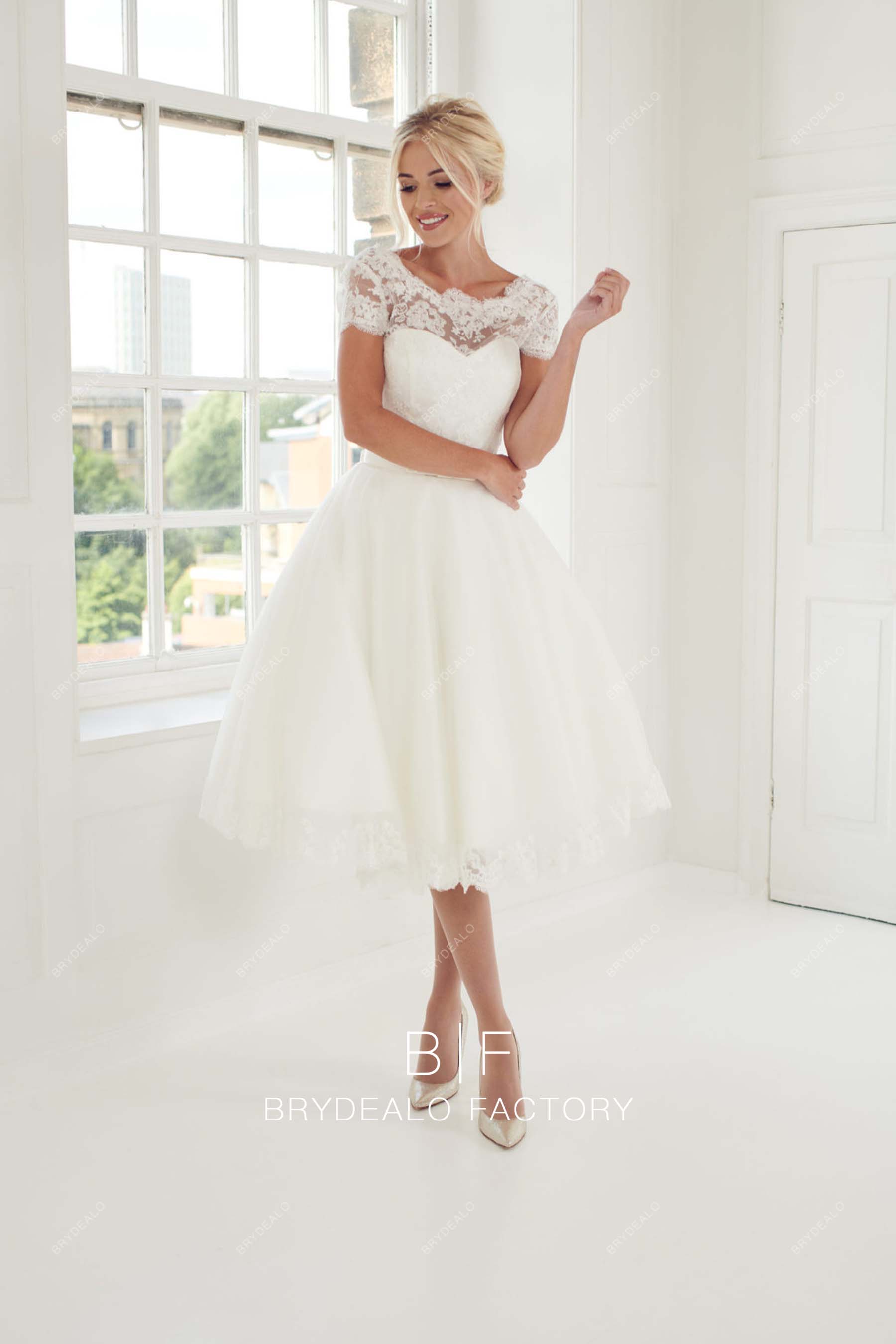 illusion neck vintage short bridal dress 