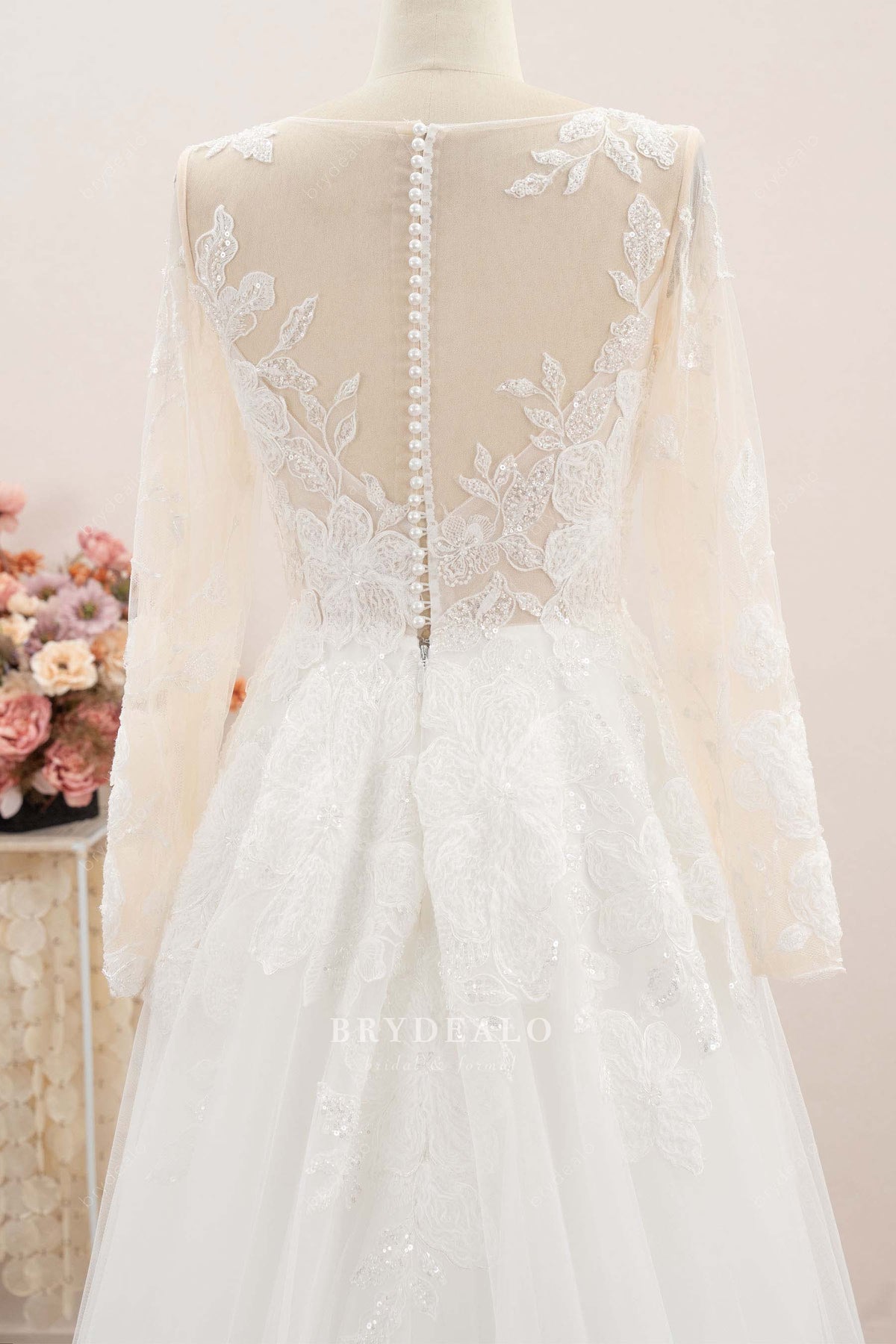 illusion pearl buttons back wedding dress