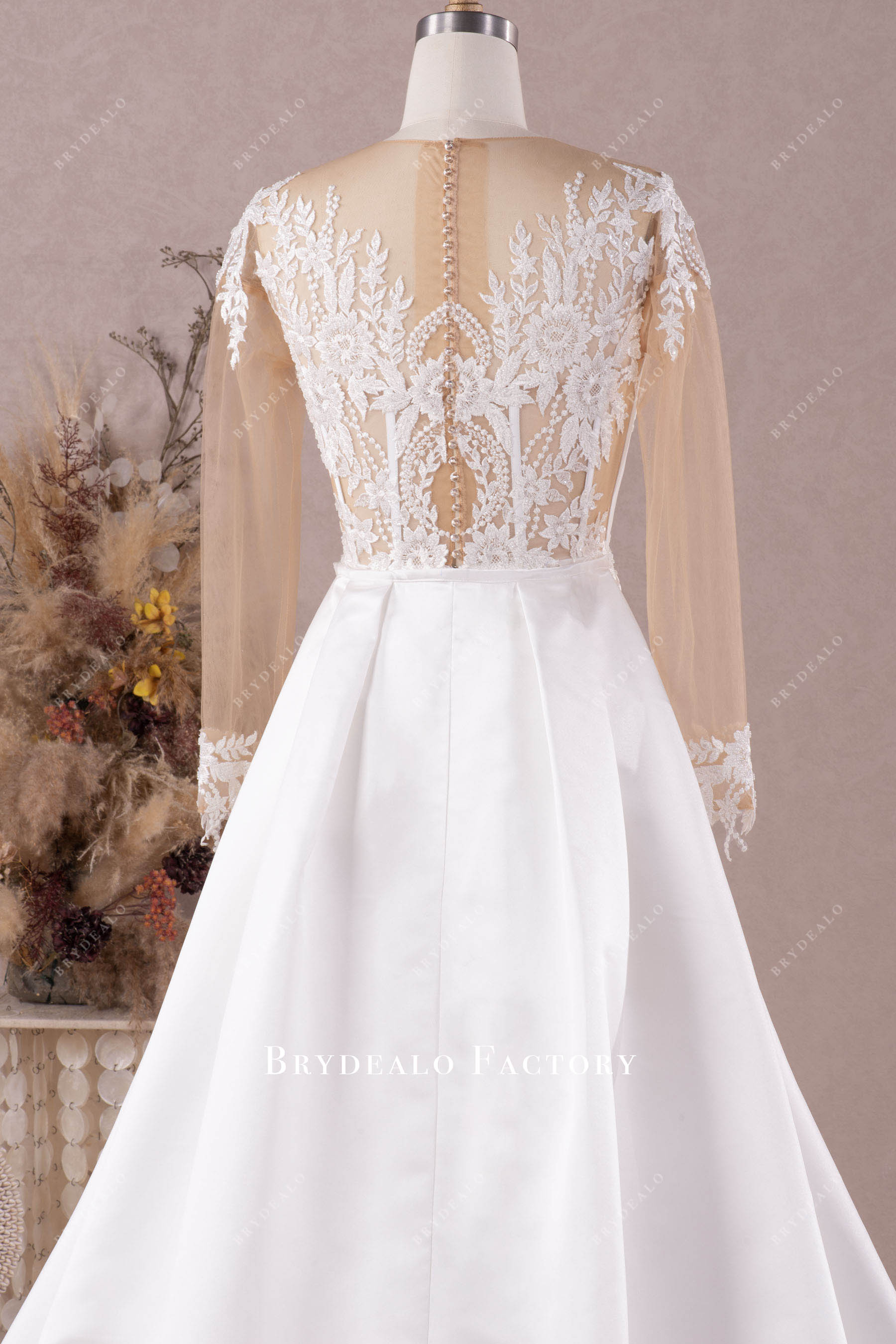 illusion sleeve lace back wedding gown