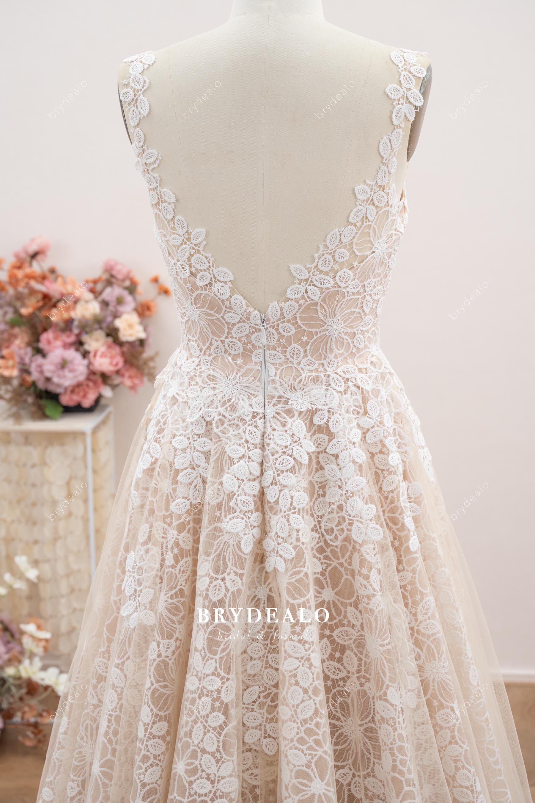 illusion straps V-back wedding dress