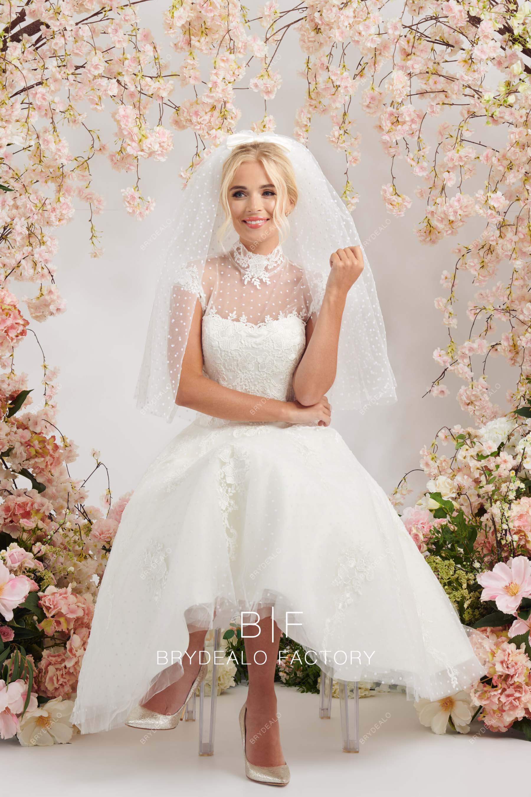 illusion turtle neck A-line informal bridal gown