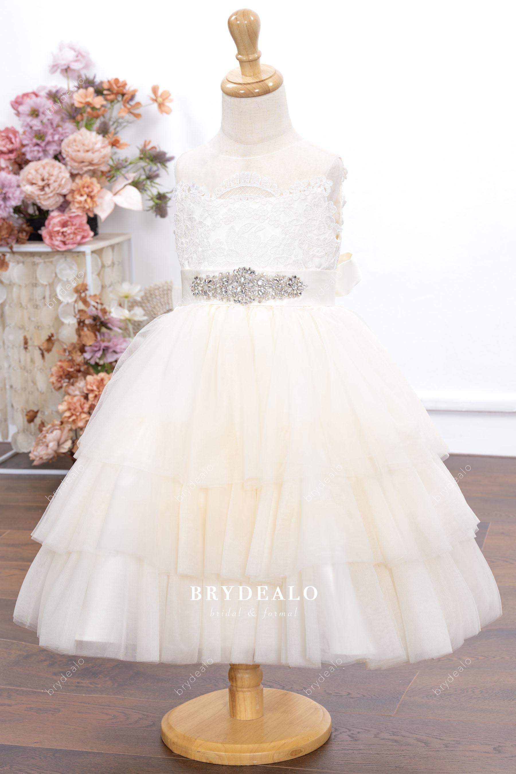 ivory tiered tulle belt flower girl dress