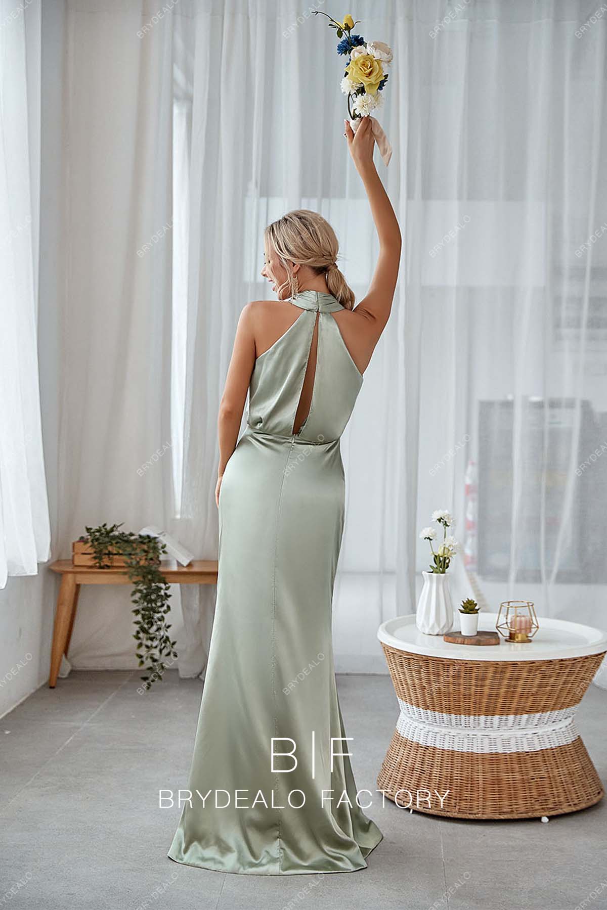 Sage Ruched Halter Keyhole Back Charmeuse Mermaid Bridesmaid Dress