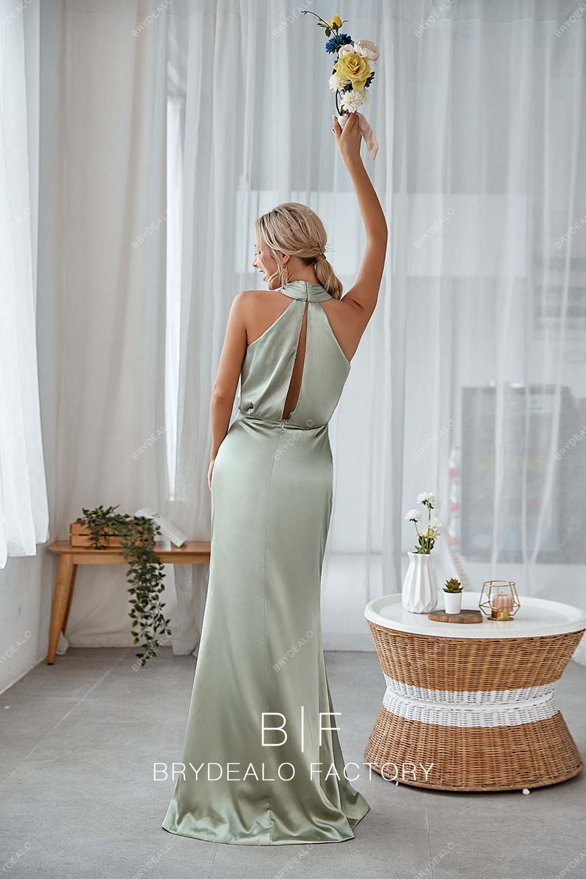 keyhole back sage green floor length bridesmaid dress