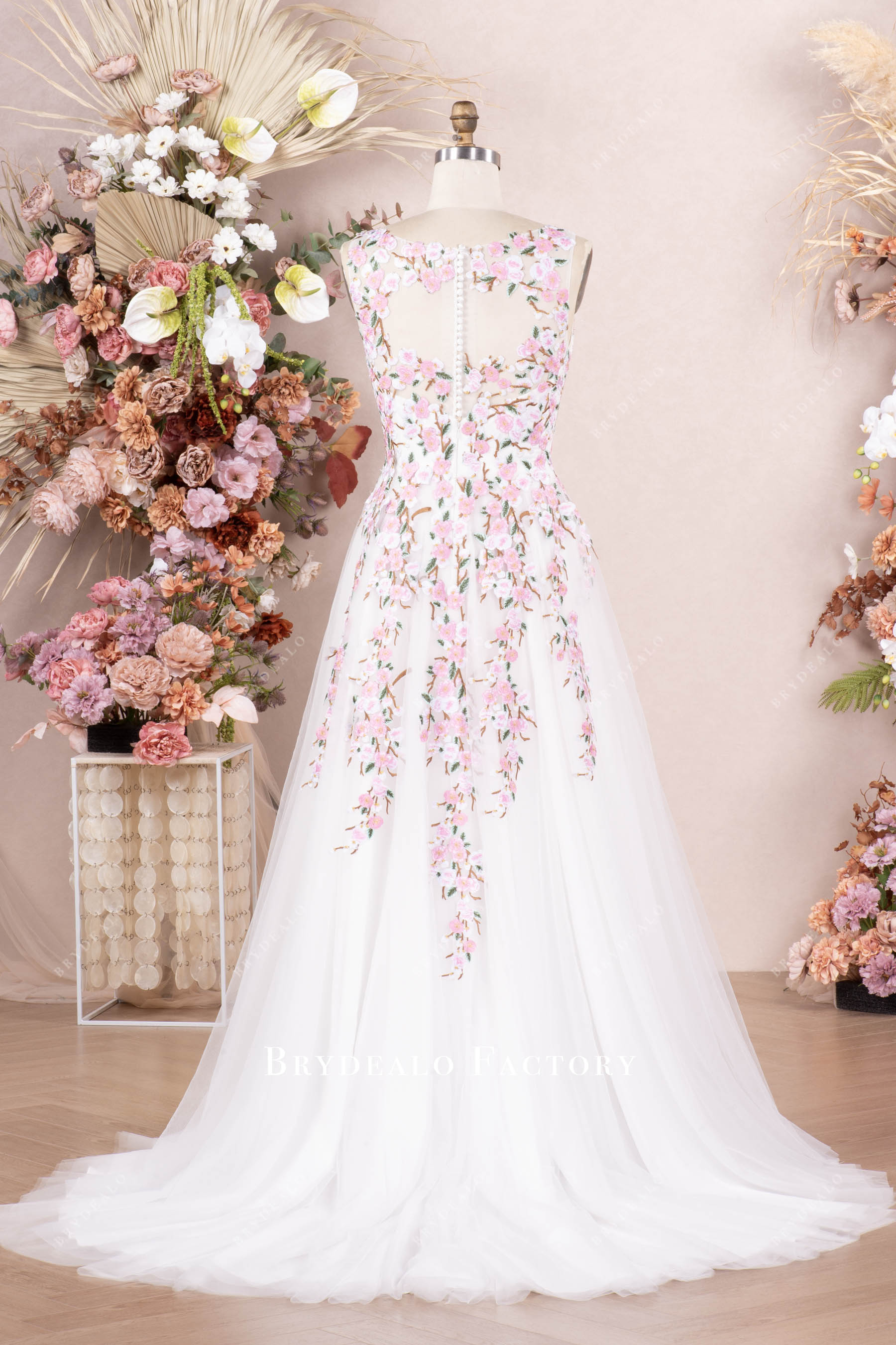 keyhole back long A-line wedding dress