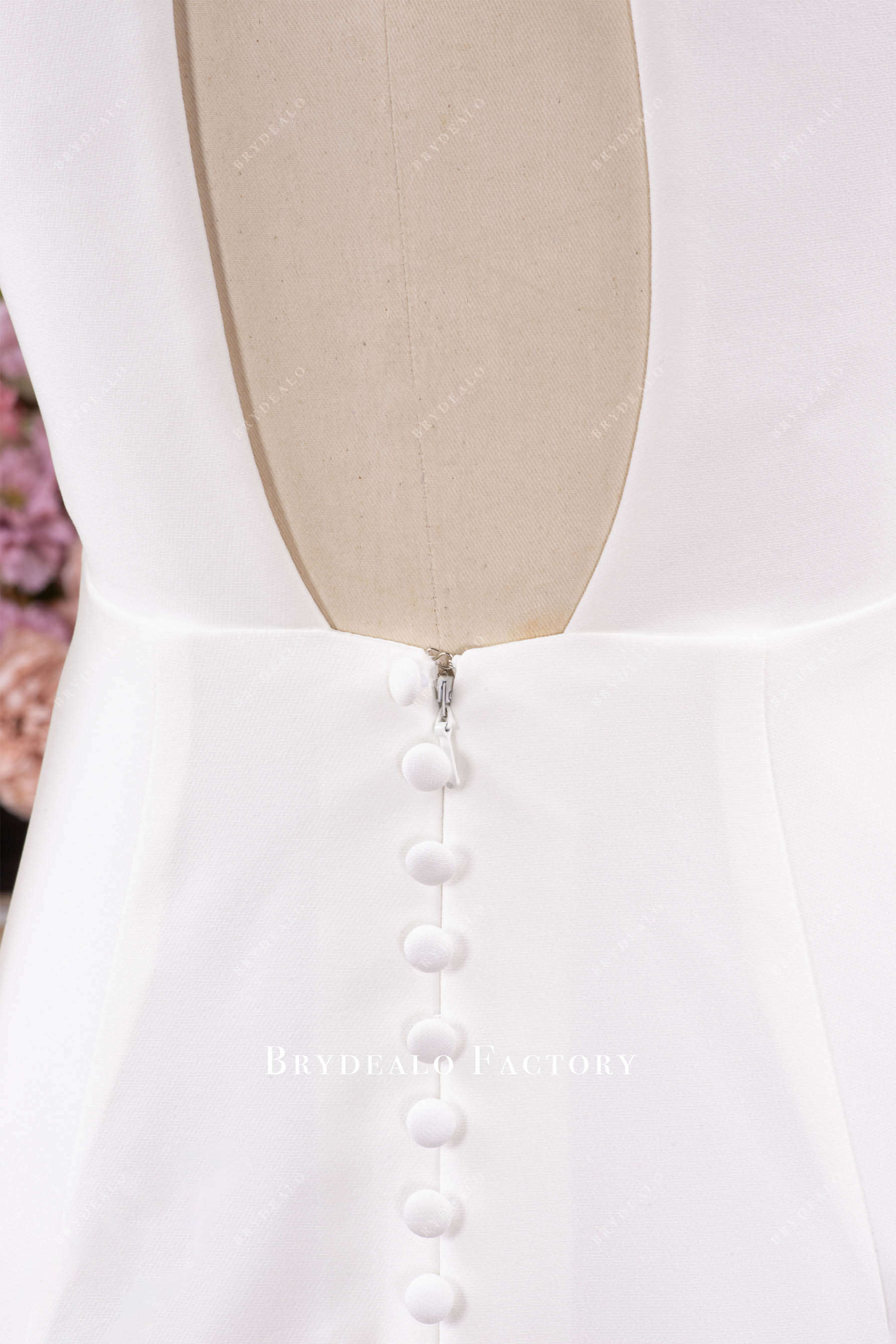 keyhole buttoned crepe bridal gown