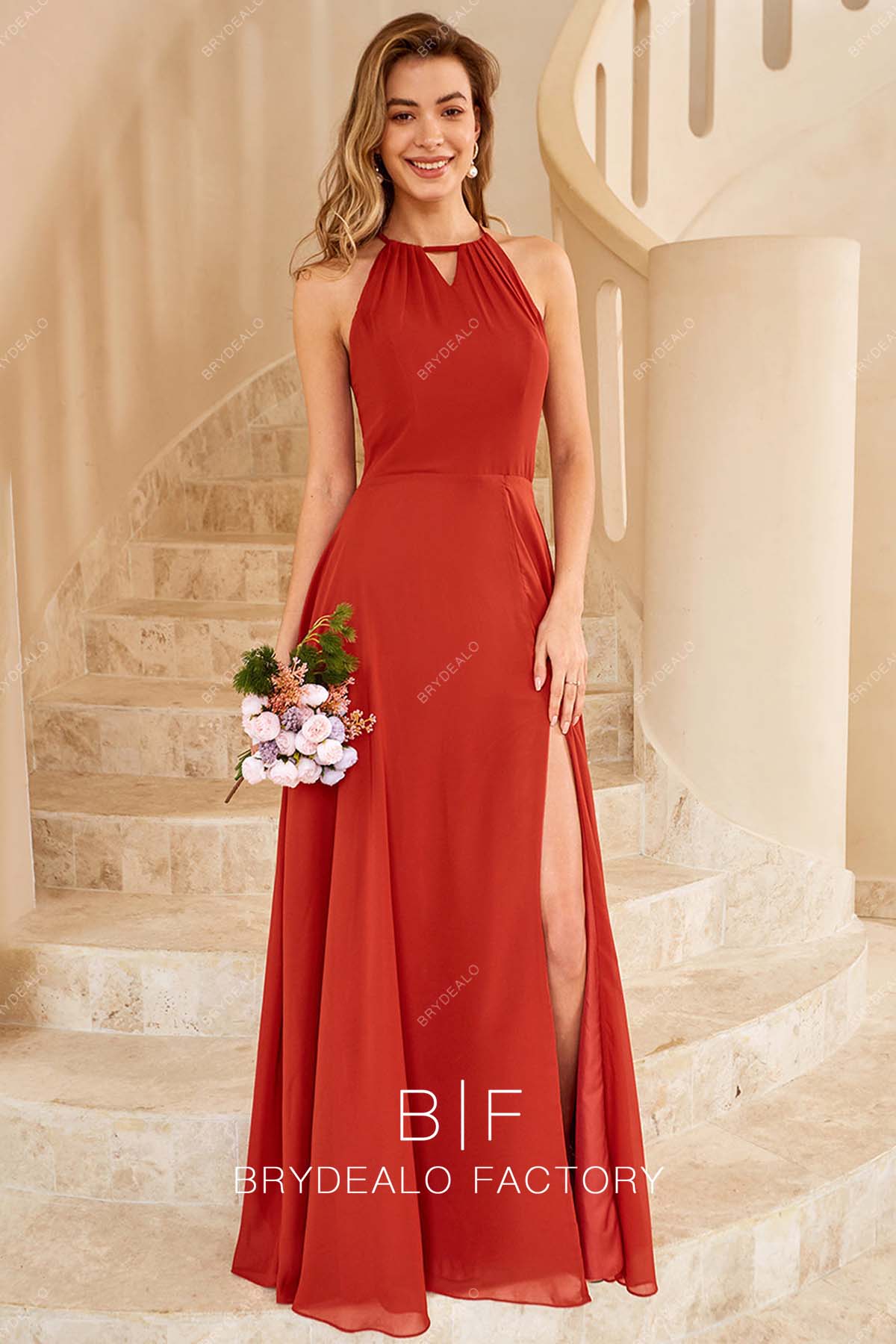 keyhole neck red chiffon slit bridesmaid dress