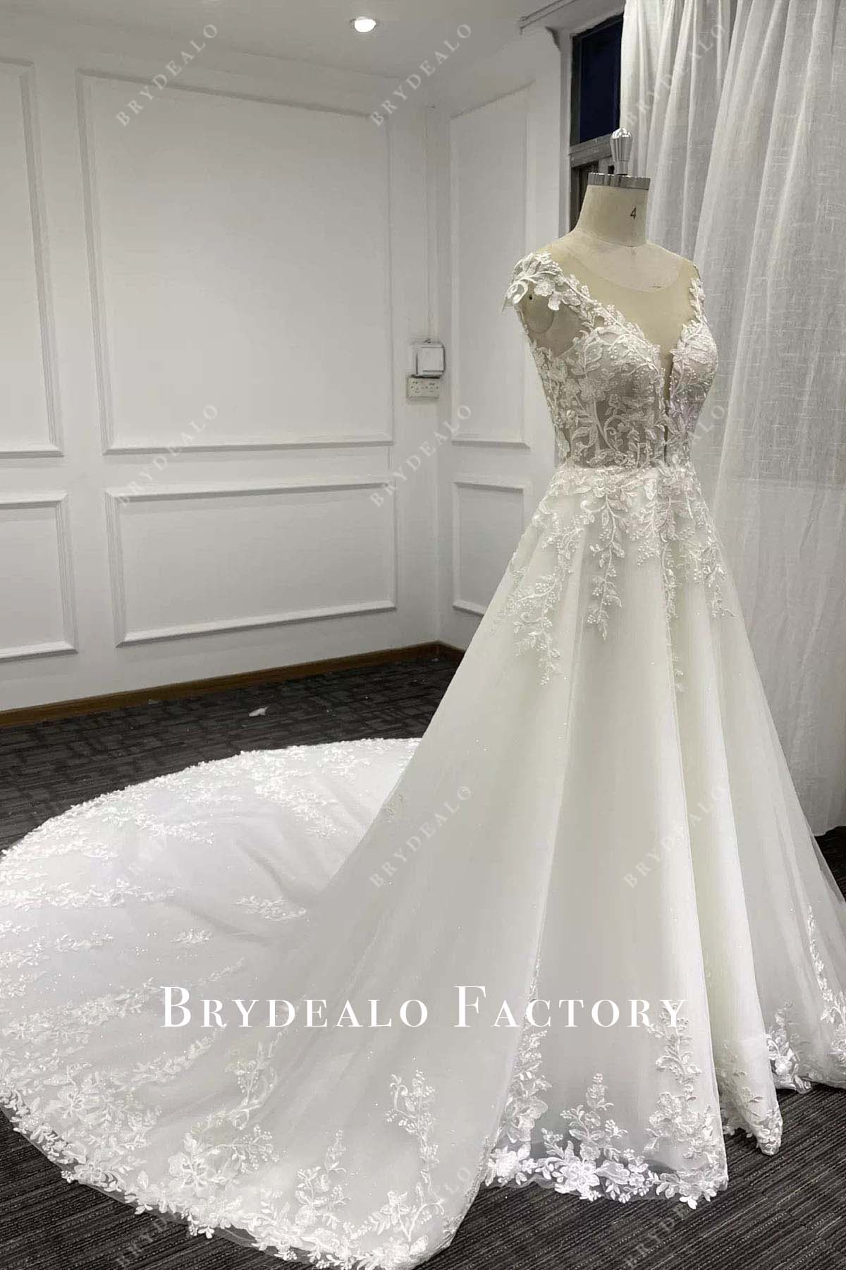 lace appliques cap sleeves wedding dress