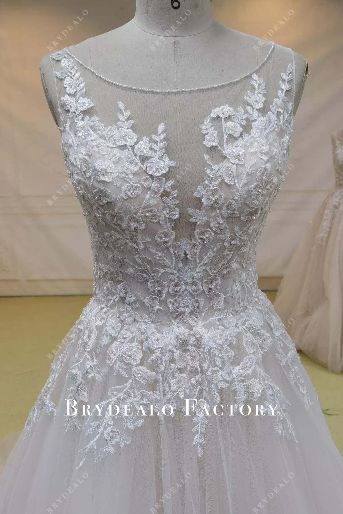 lace appliques illusion neck wedding dress
