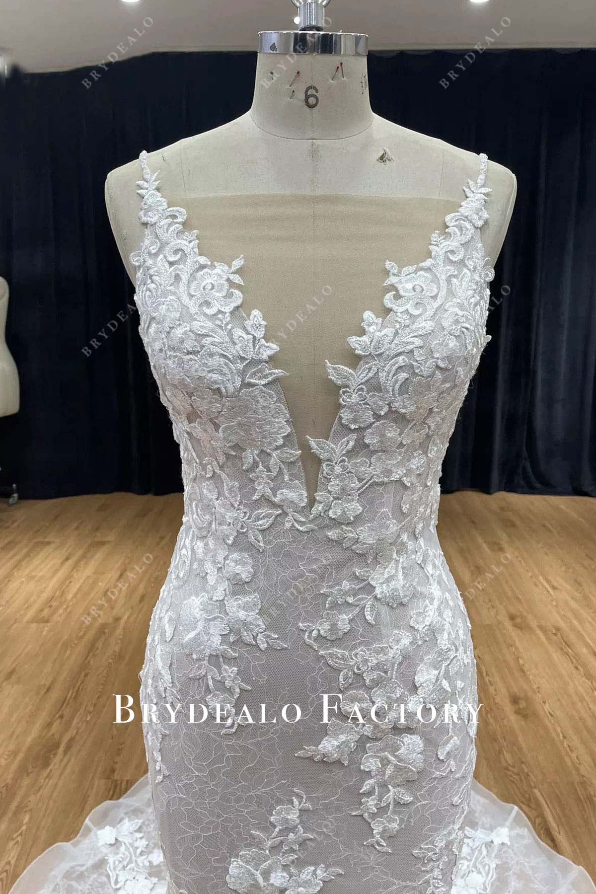 Lace Taupe Illusion Plunging Neck Mermaid Wedding Dress