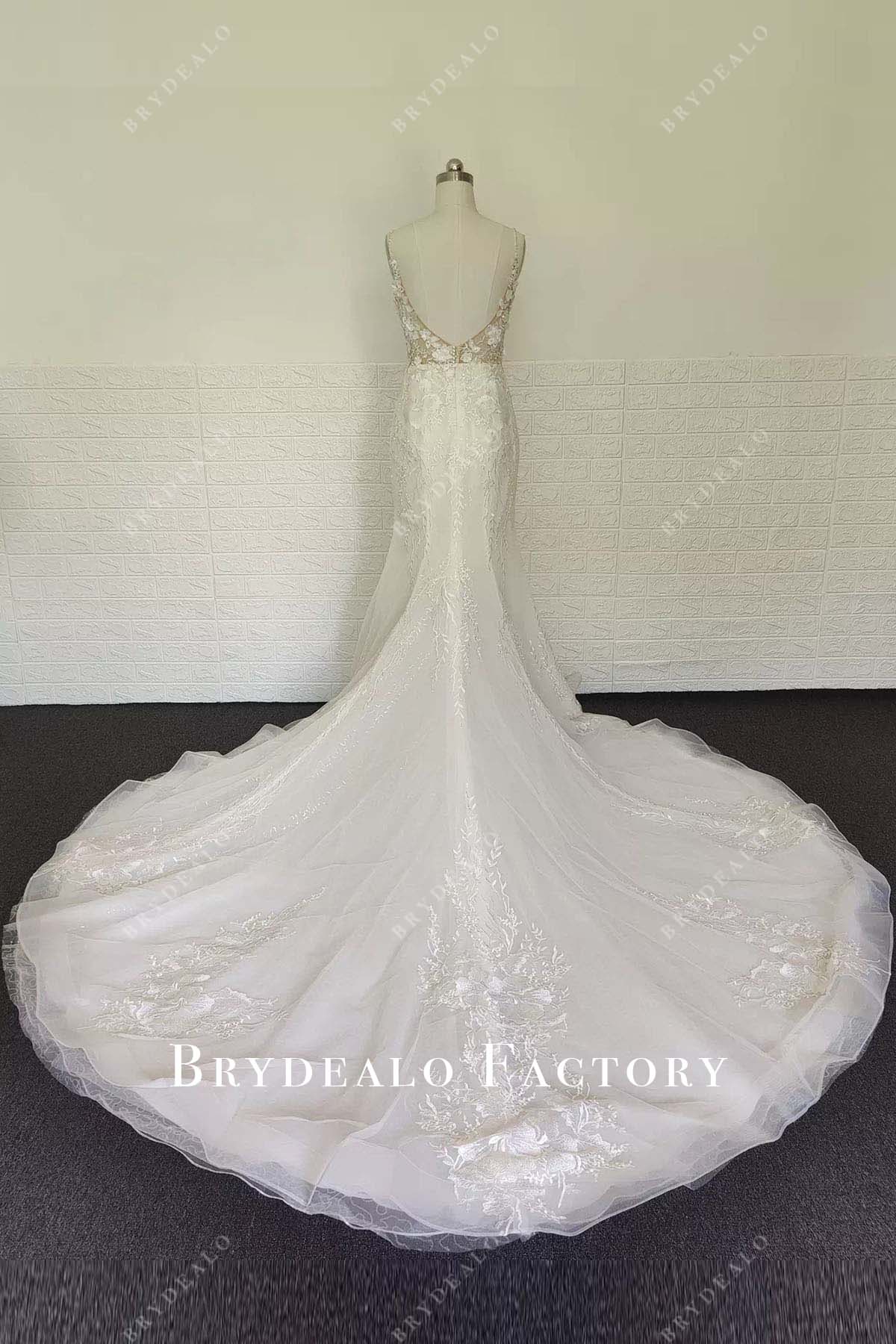 lace appliques mermaid chapel train wedding dress