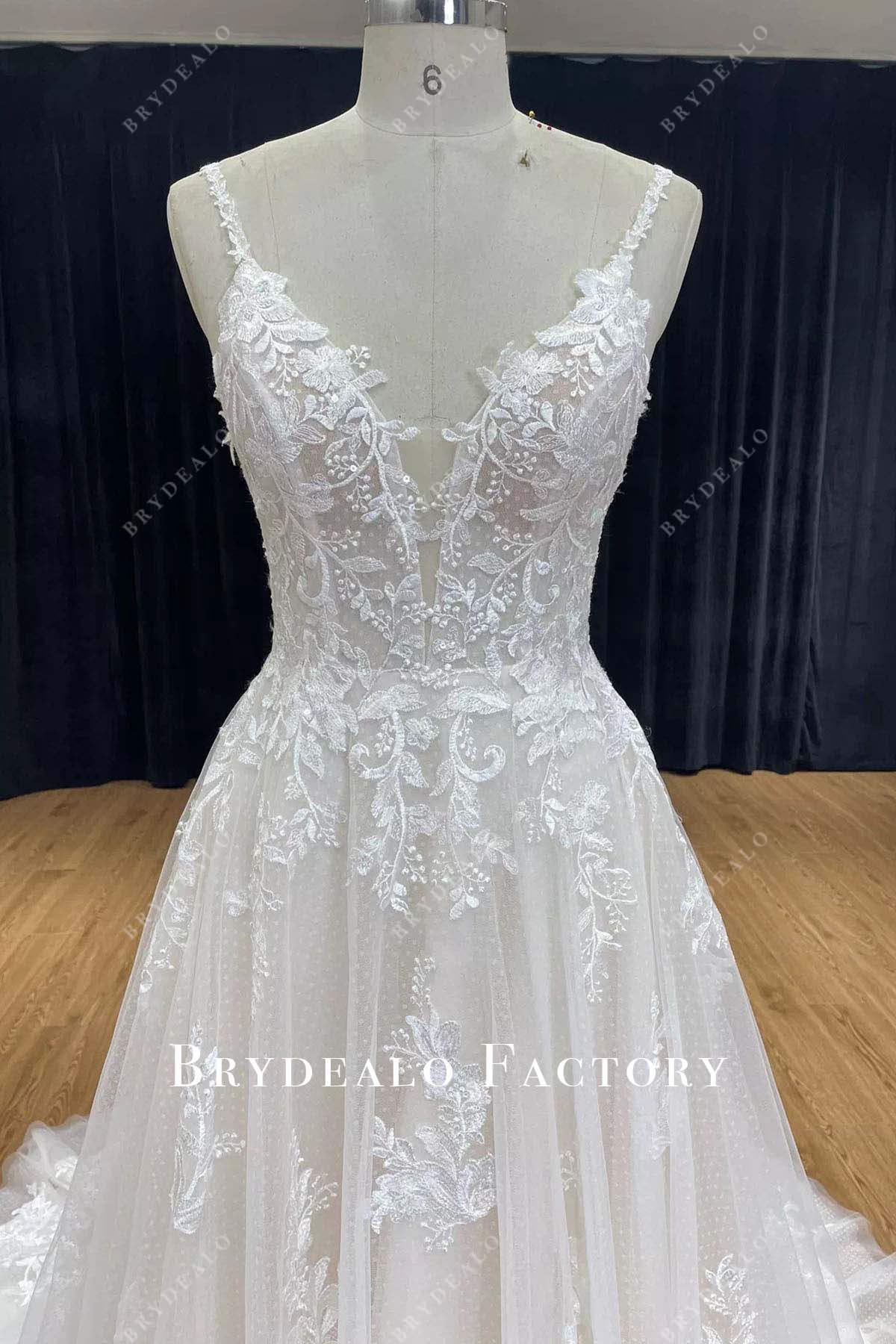 lace appliques plunging neck wedding dress