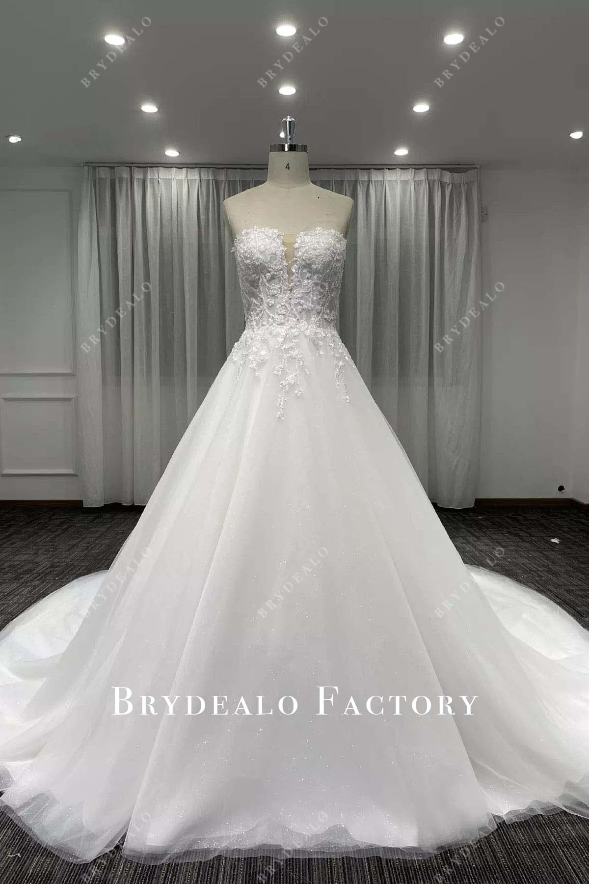 lace appliques strapless wedding ballgown