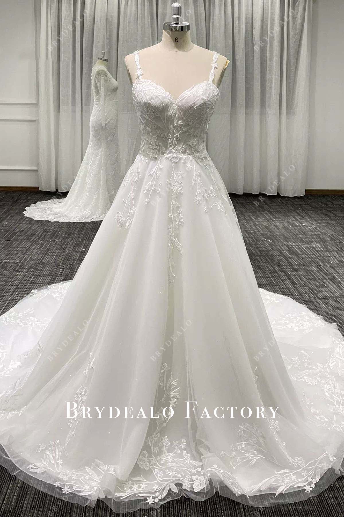 lace appliques thin straps wedding dress
