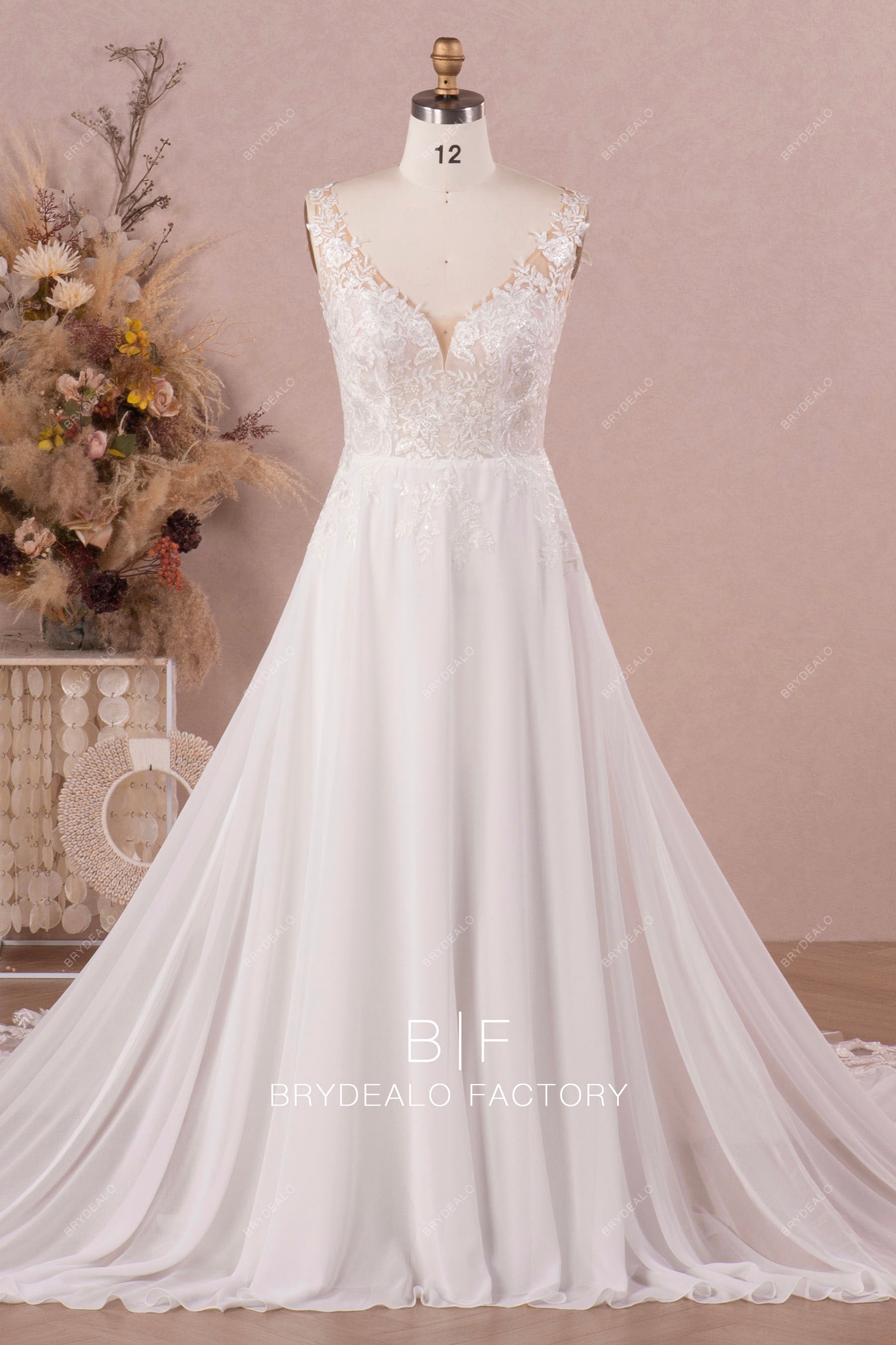 lace chiffon A-line long wedding dress
