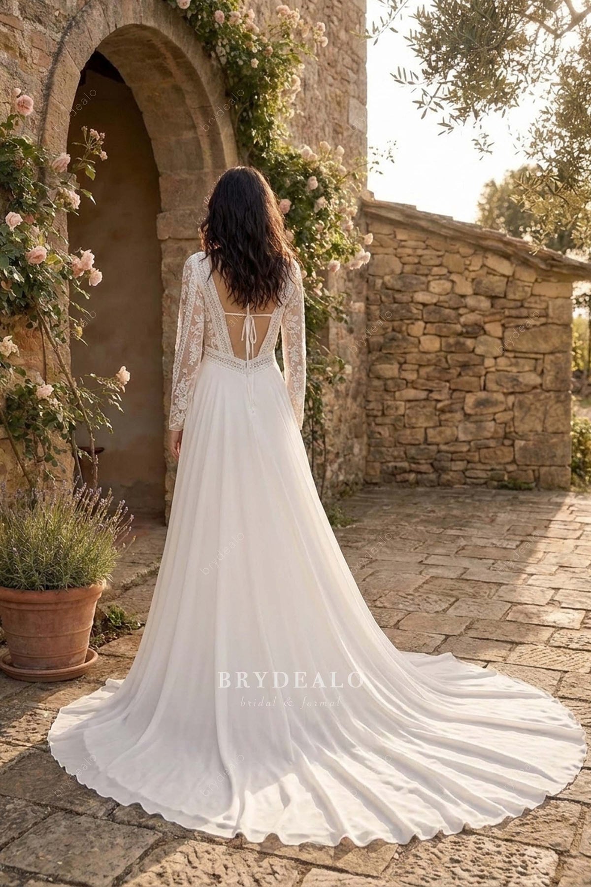 lace chiffon court train wedding dress