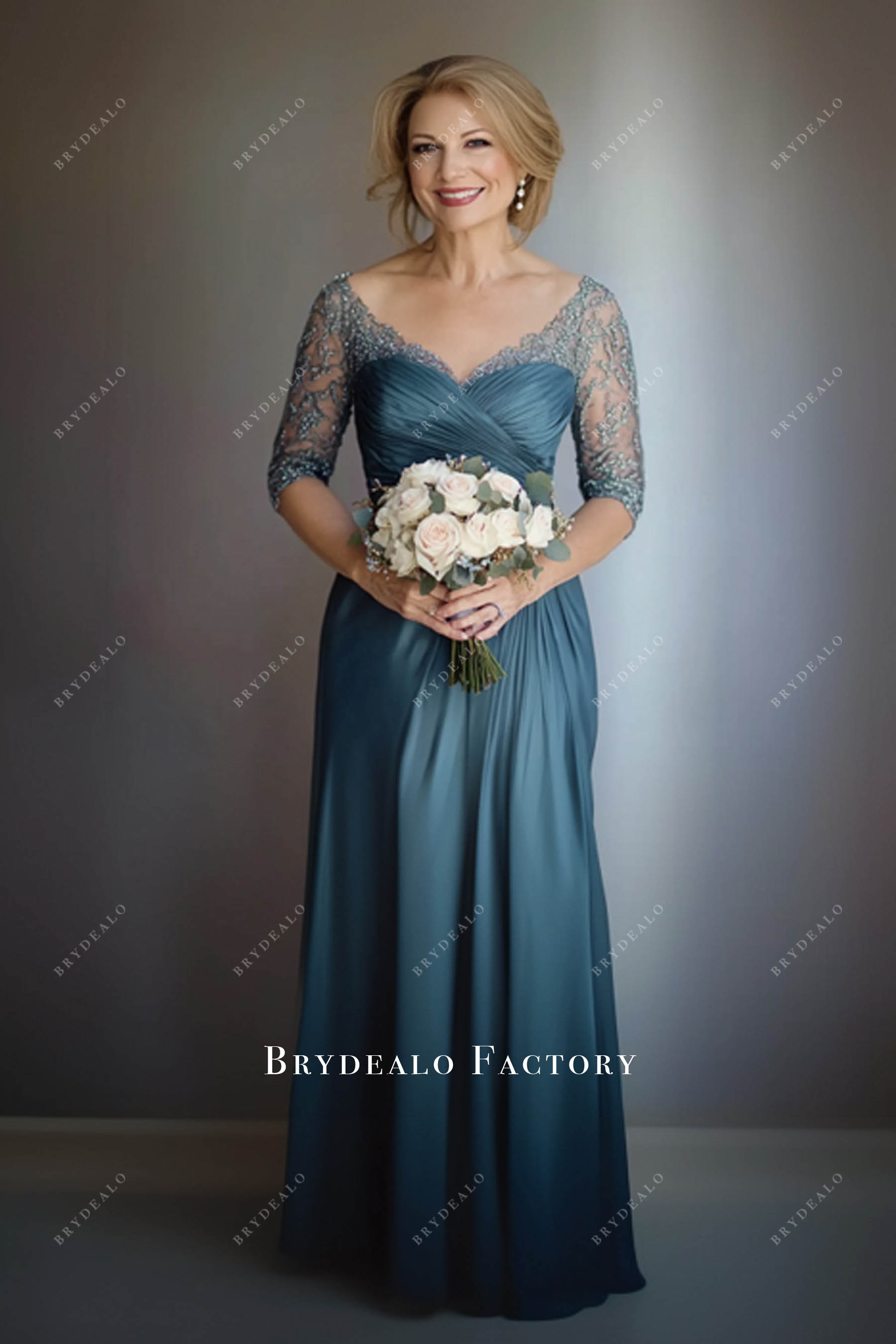 lace chiffon pleated Aline mother of bride dress