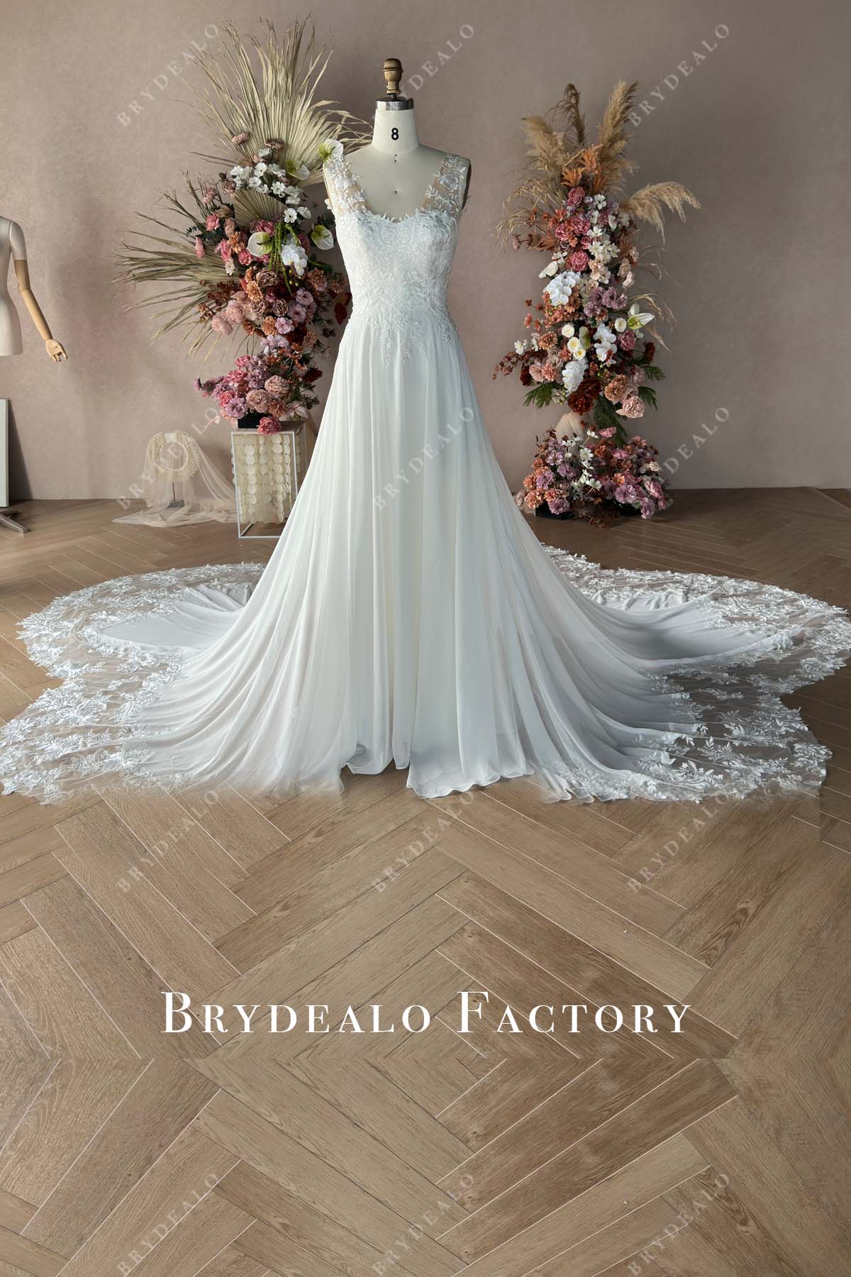 lace chiffon custom long train wedding dress