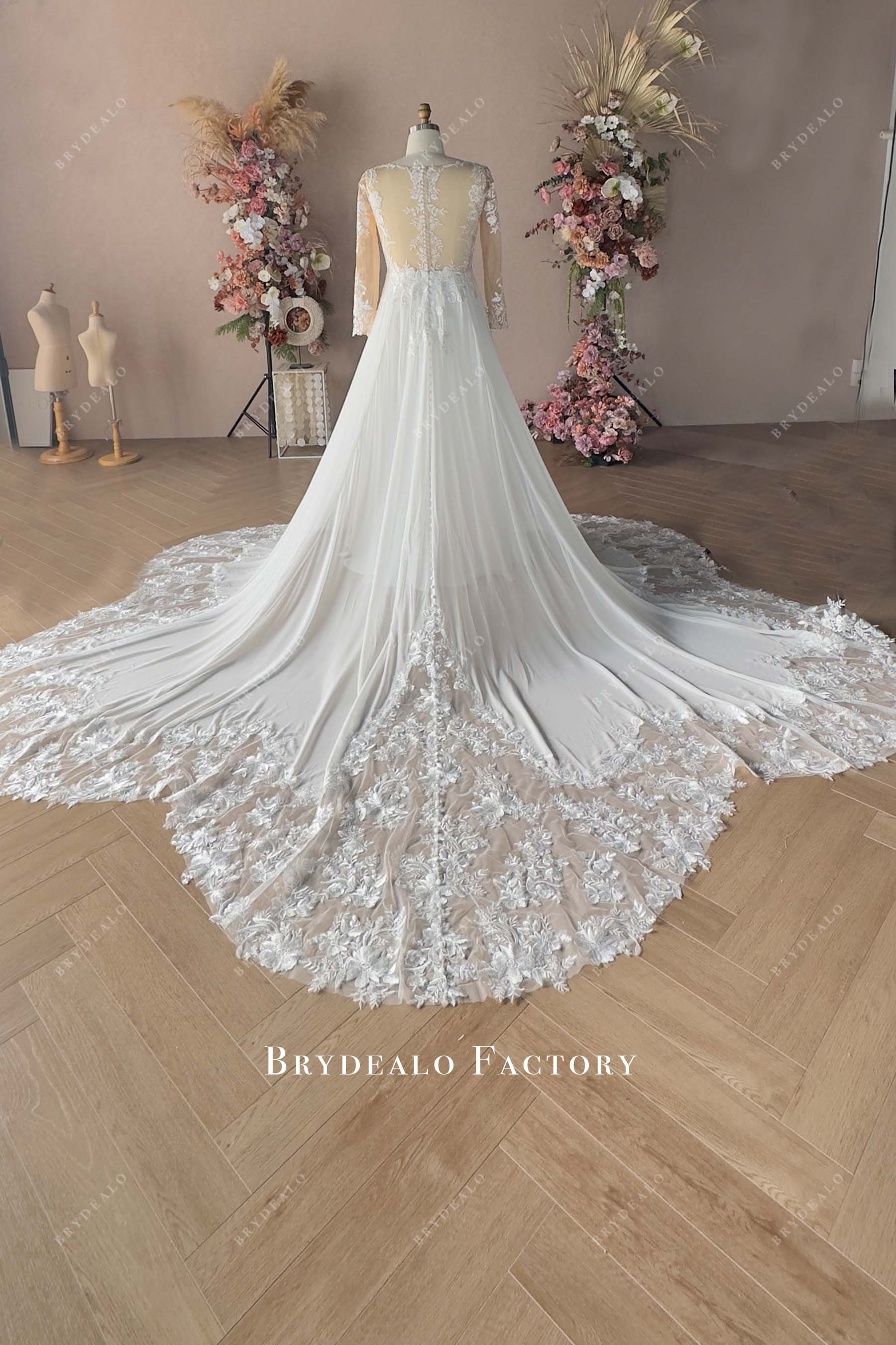 lace cutout train A-line long wedding dress