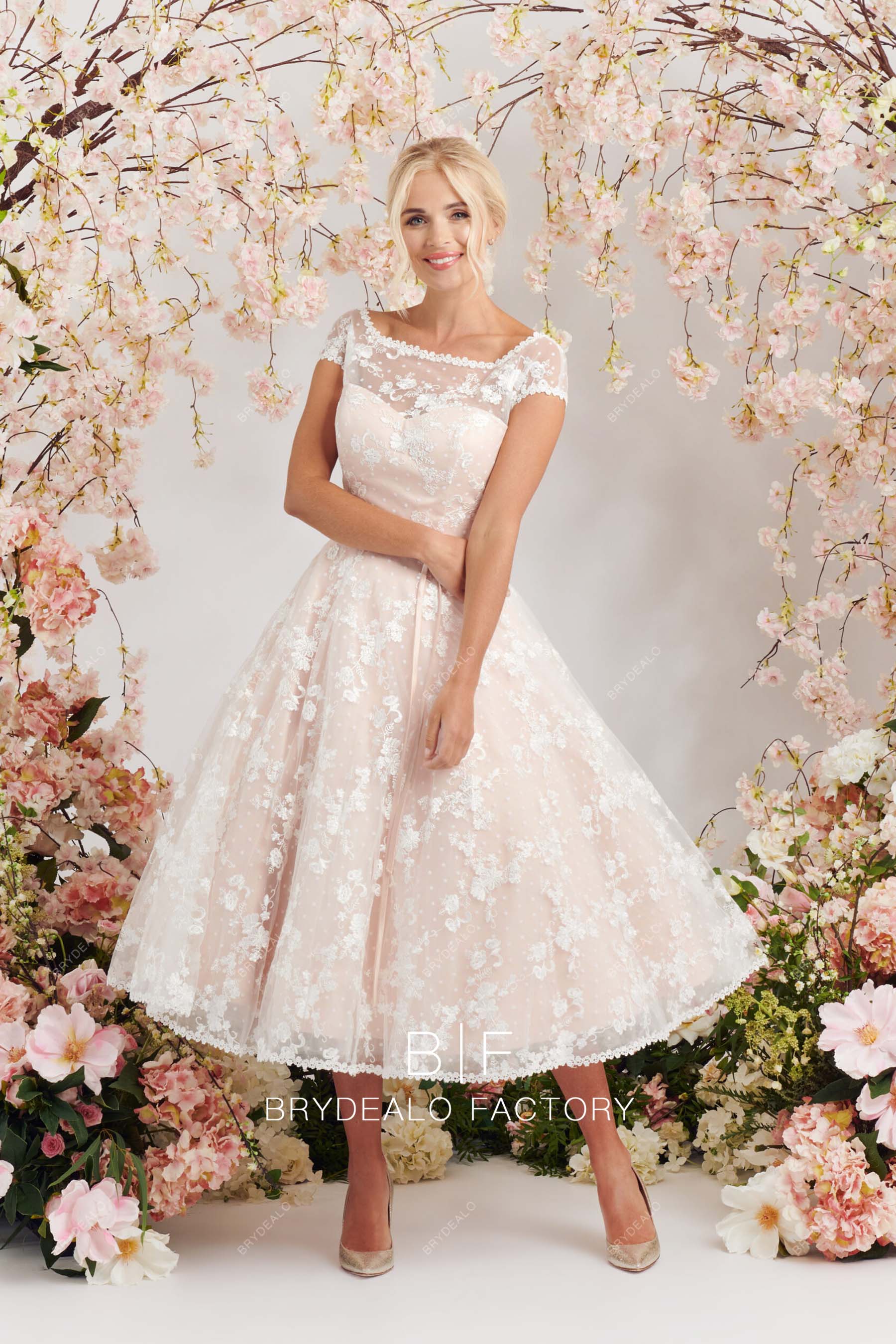 lace dot tulle tea length blush wedding gown