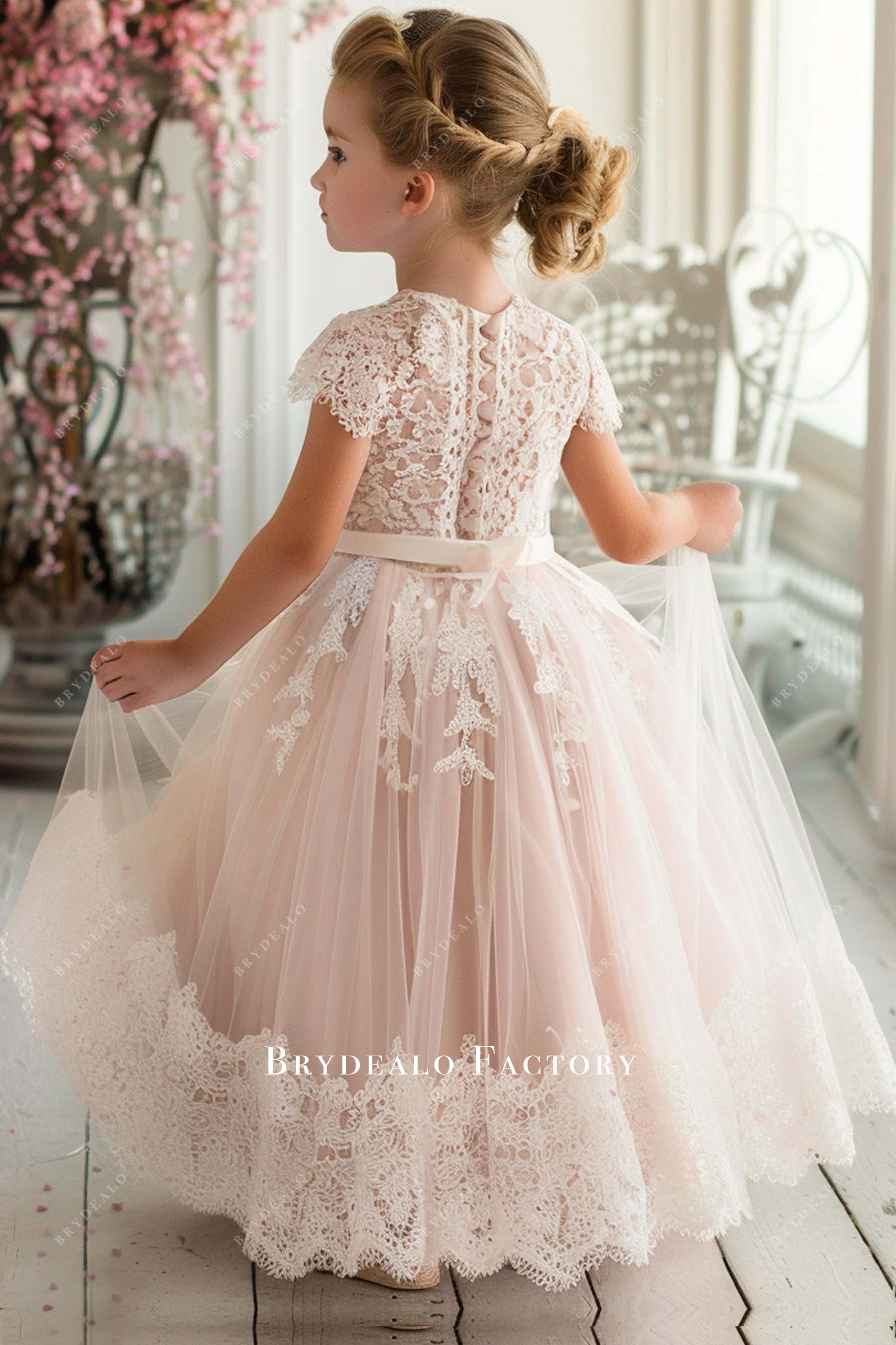 Elegant Lace Tulle Pearl Pink Flower Girl Dress