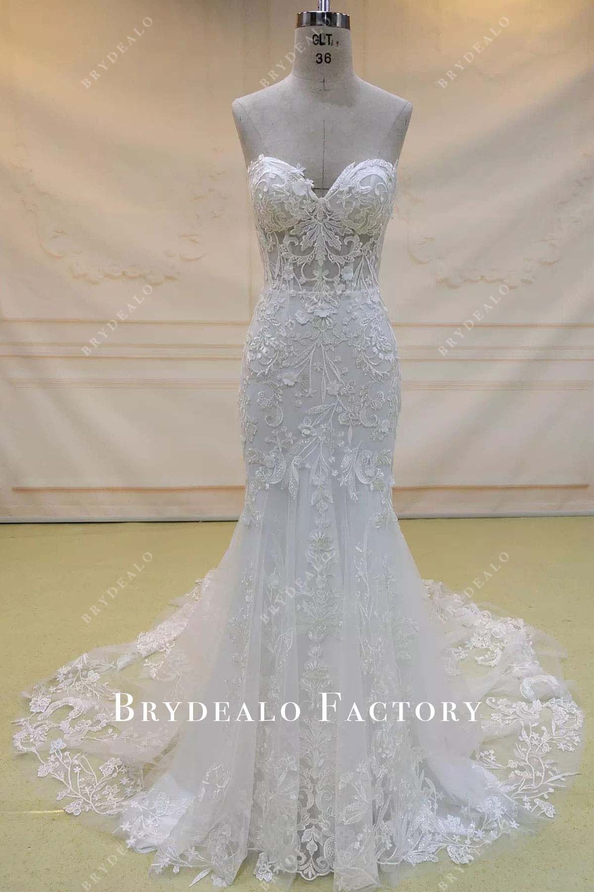 lace glitter strapless mermaid wedding dress