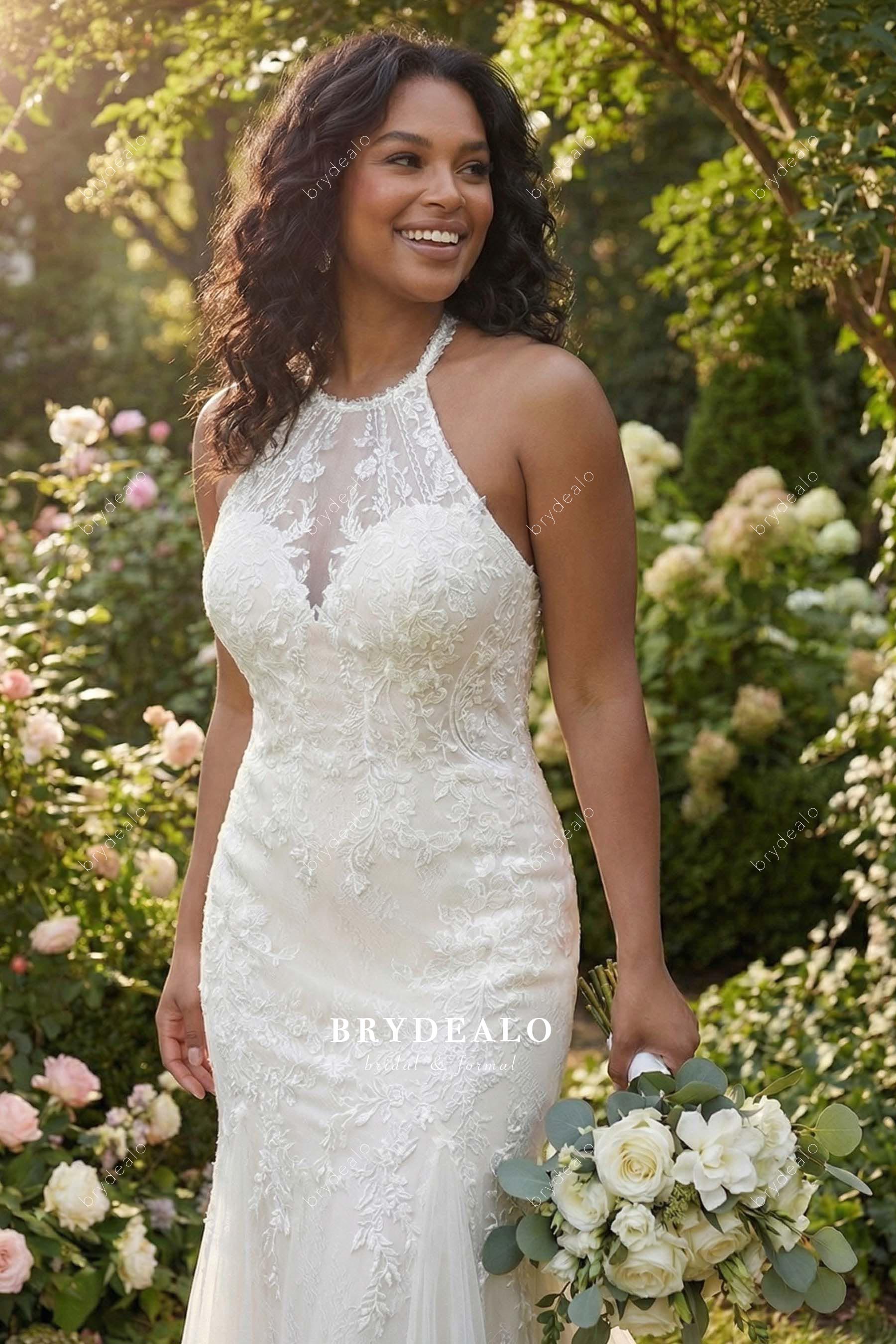 lace halter crew neck bridal dress