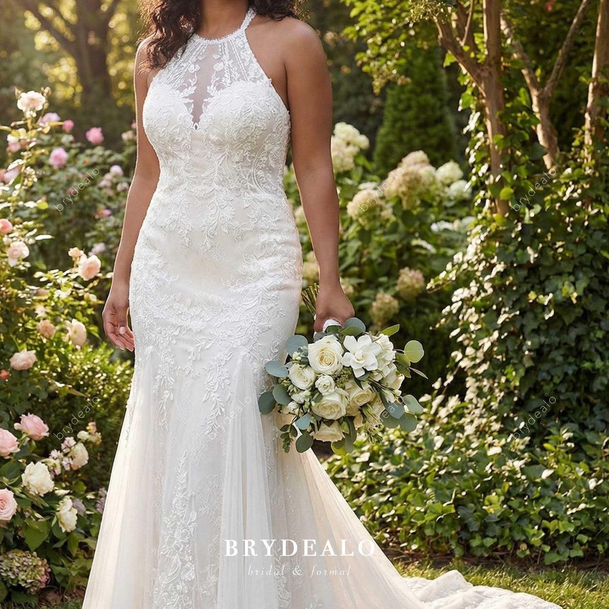 Lace Halter Crew Neck Mermaid Chapel Train Wedding Dress