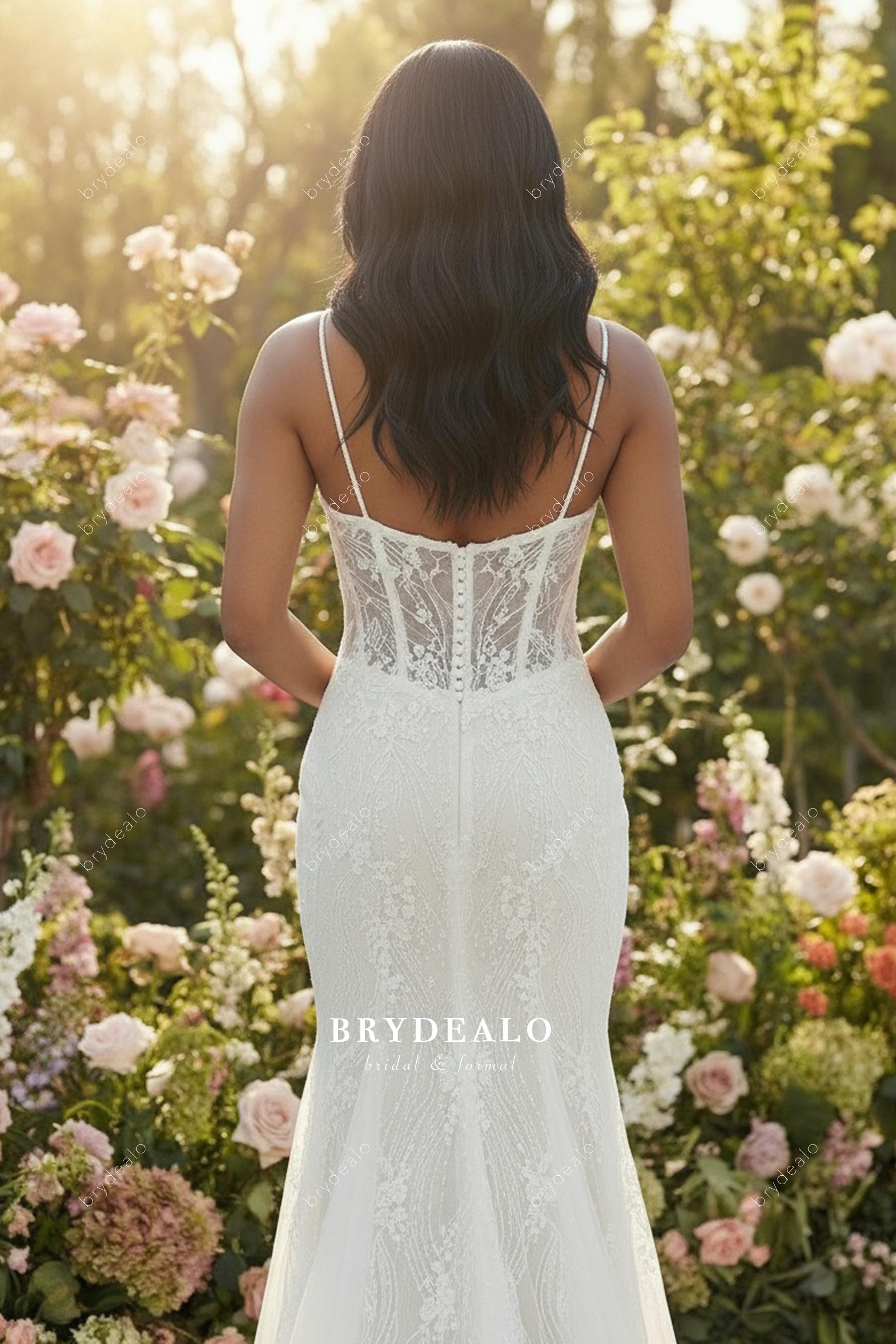 lace illusion buttoned back wedding dress