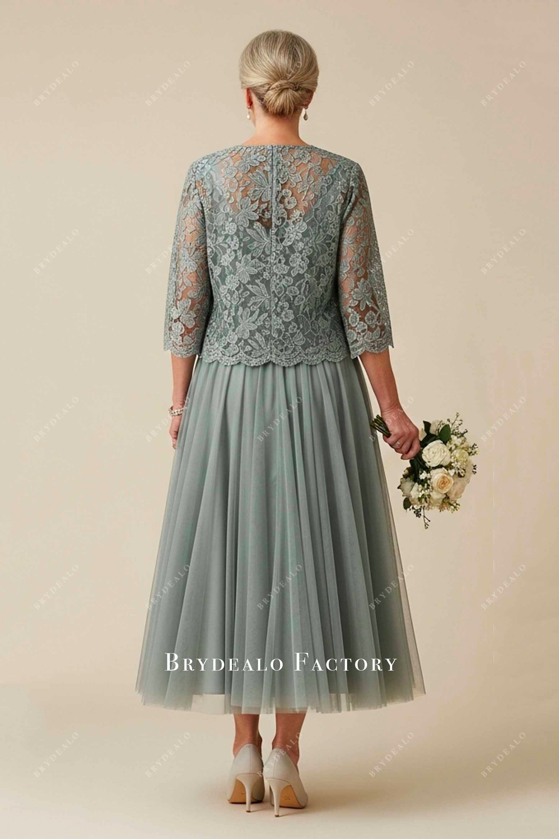 lace jacket tea length tulle formal dress