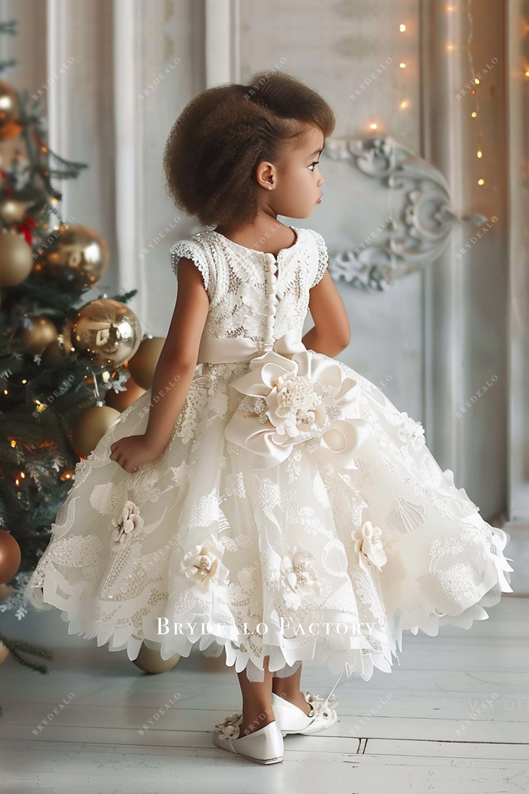 Designer 3D Flowers Tea Length Lace Toddler Girl Dress