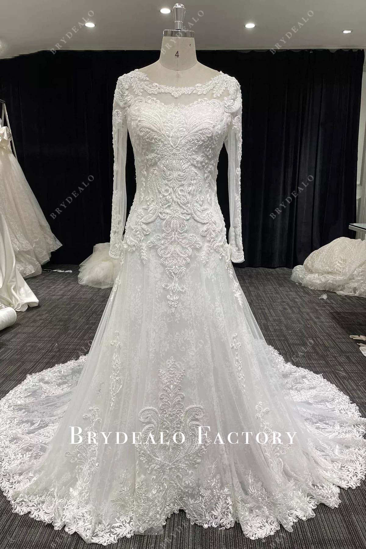 lace long sleeves a line wedding dress