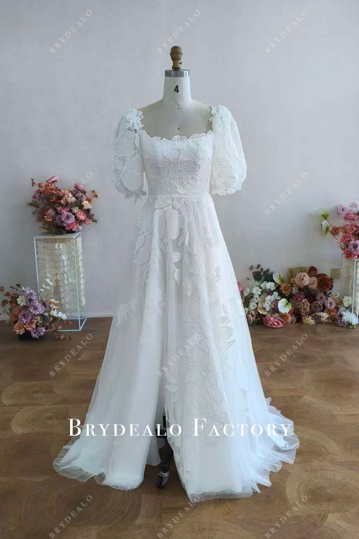 Custom Lace Low Back Natural Waist Split Wedding Dress
