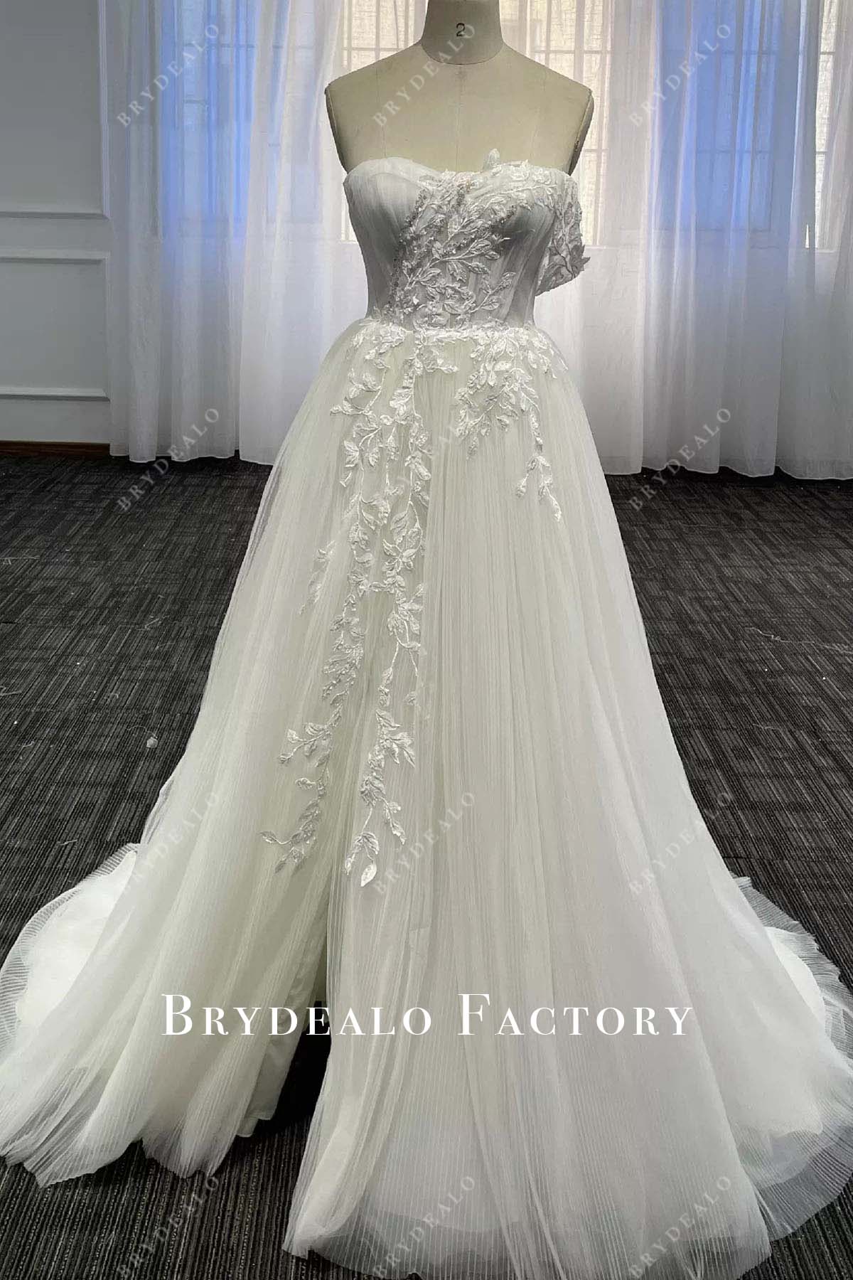 lace one shoulder slit wedding dress