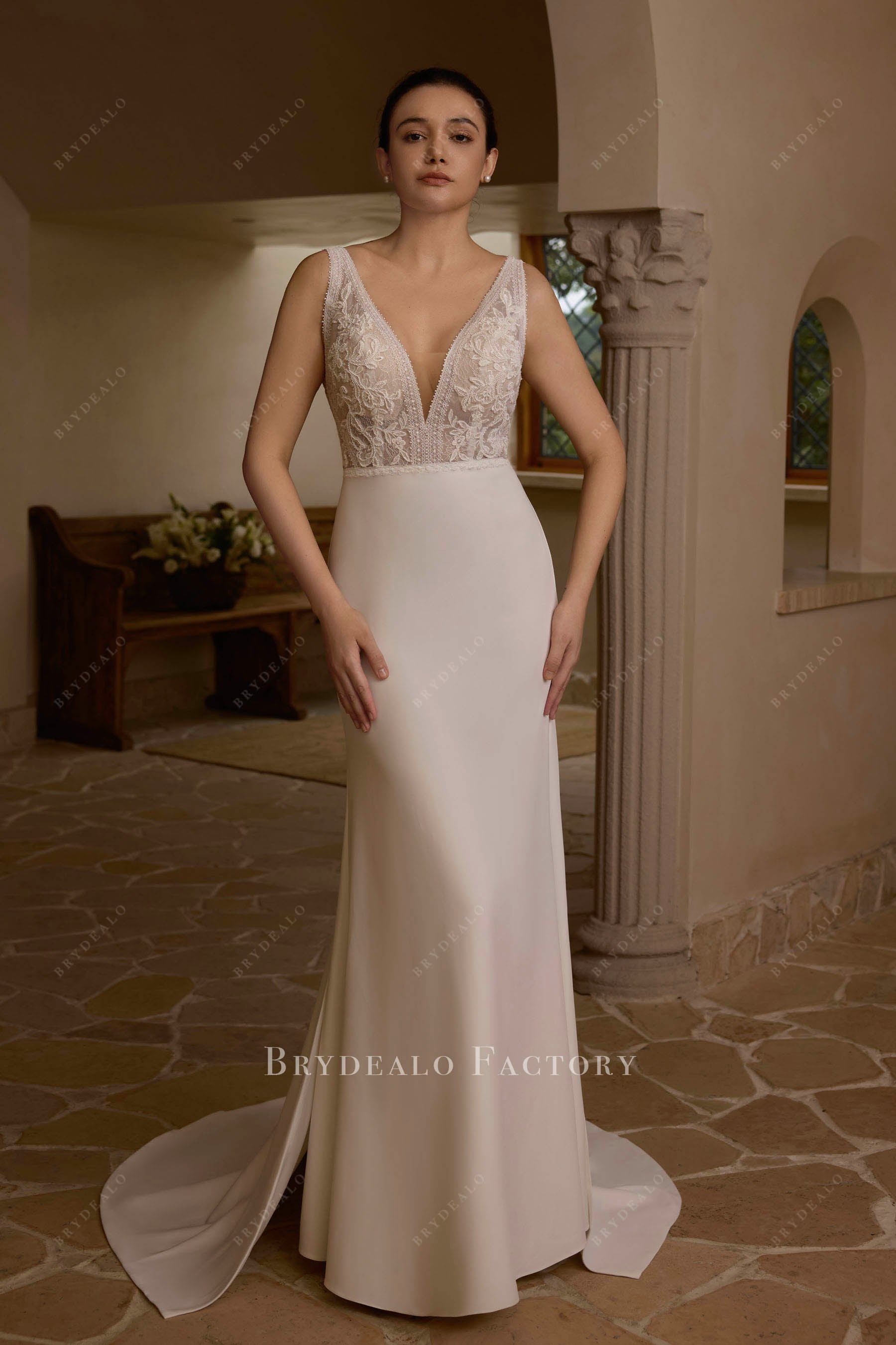 lace plunging fit flare wedding dress