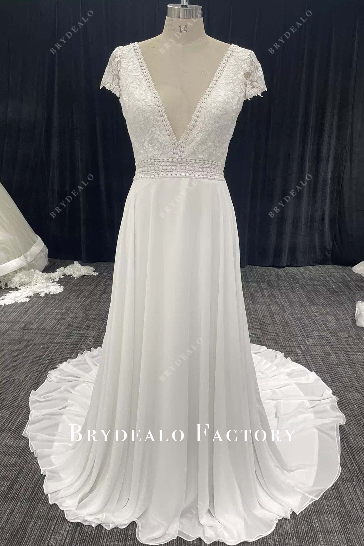 lace plunging neck a line wedding dress