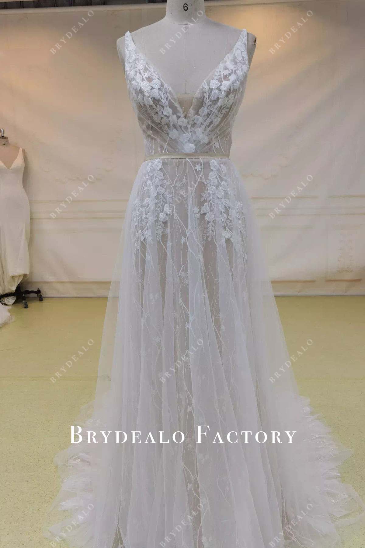 lace plunging neck wedding dress