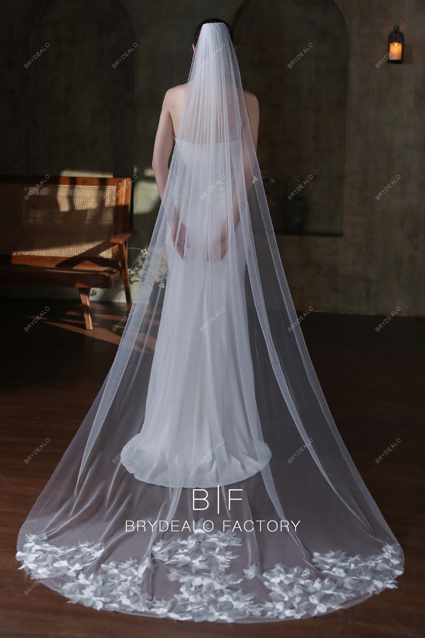 Single Tier Lace Tulle Long Wedding Veil for sale