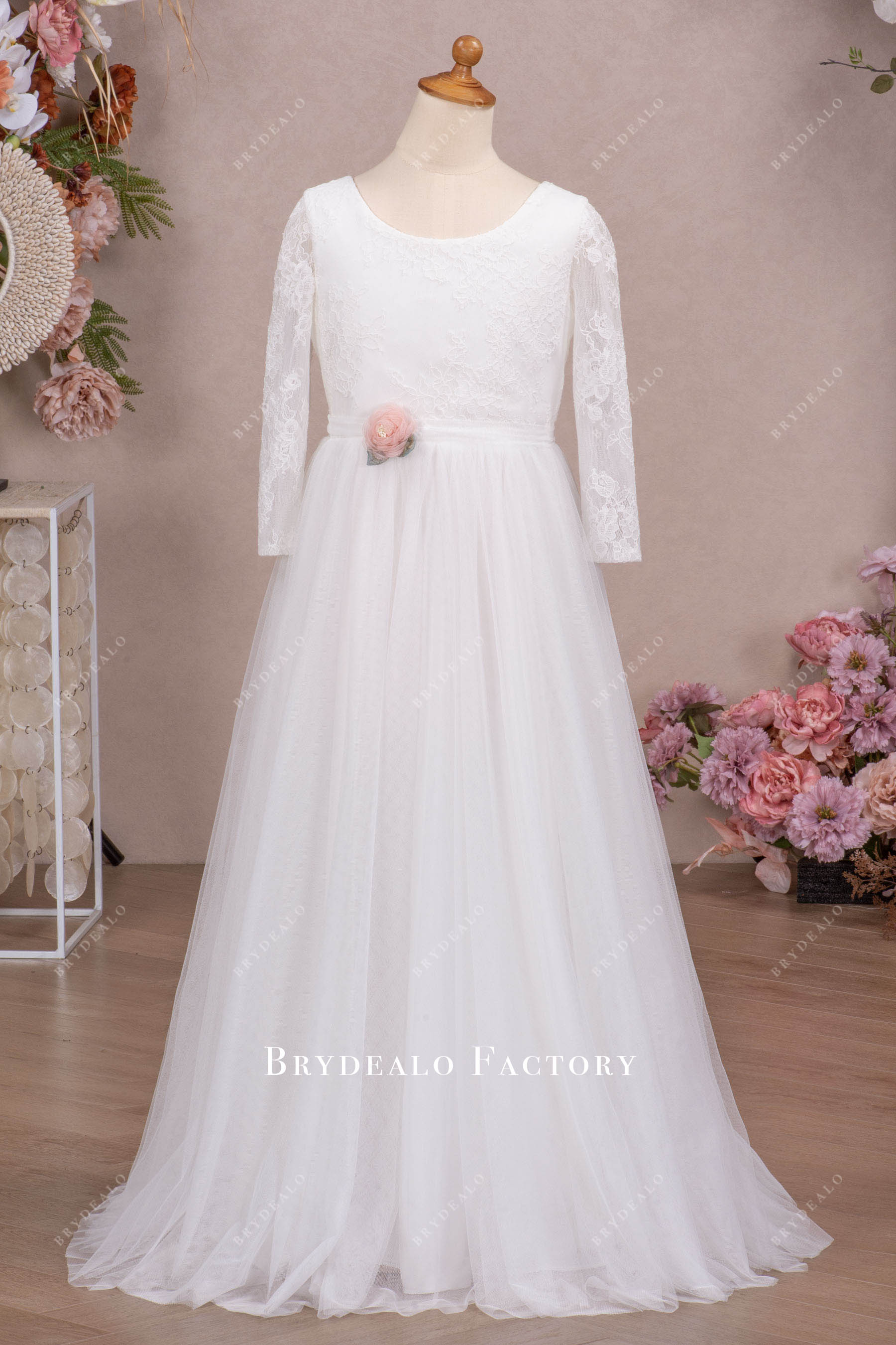 Ready To Ship | Ultra Soft Lace Tulle Sleeved Floor Length Flower Girl Dress