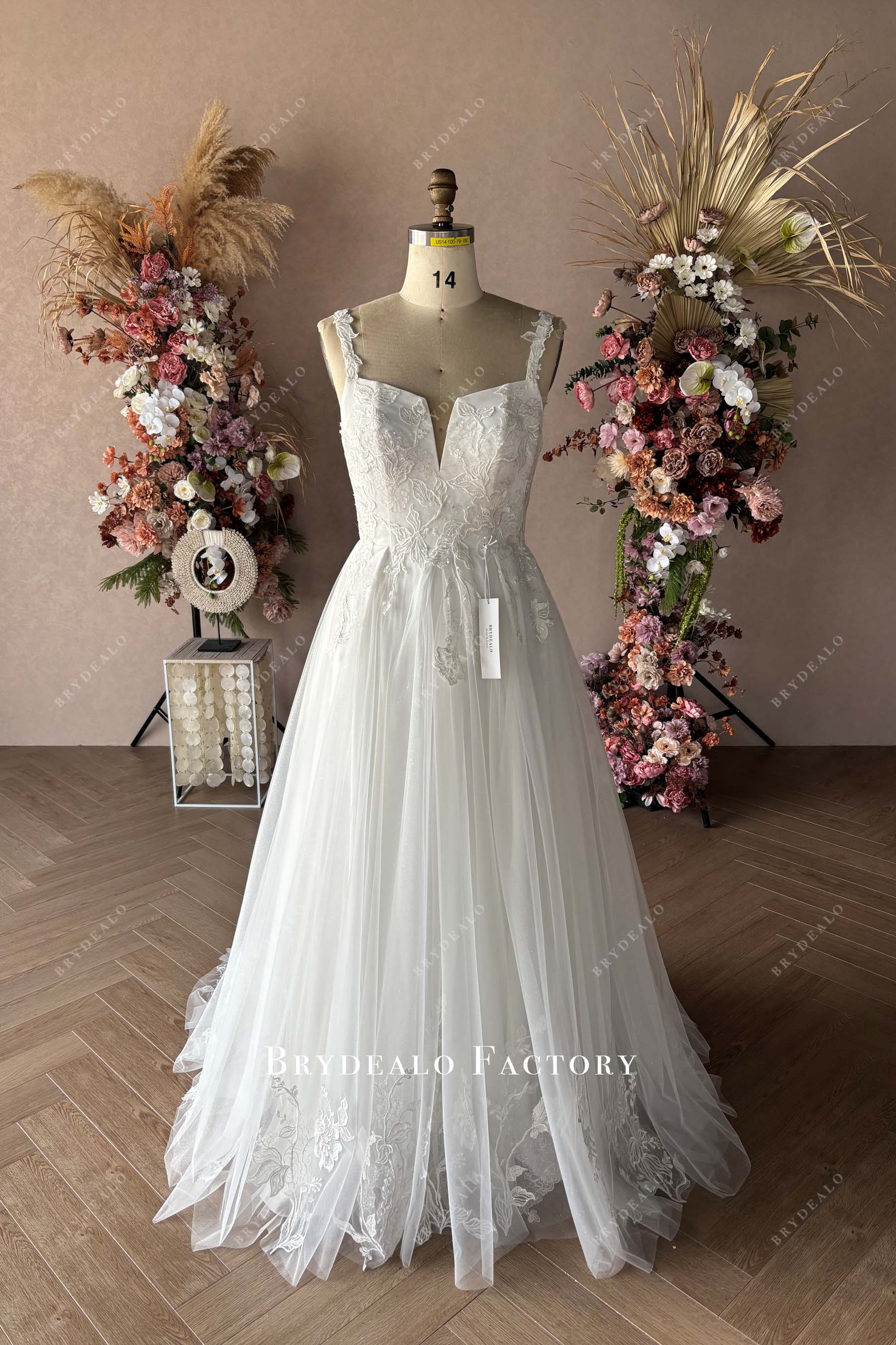 designer lace strap natural waist wedding dress