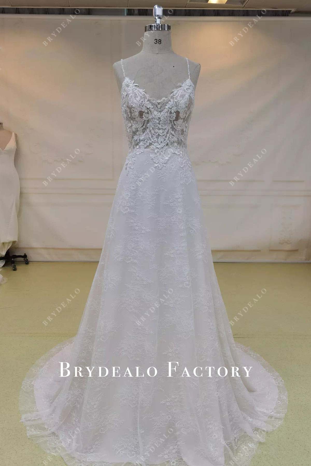 lace thin straps a line wedding dress