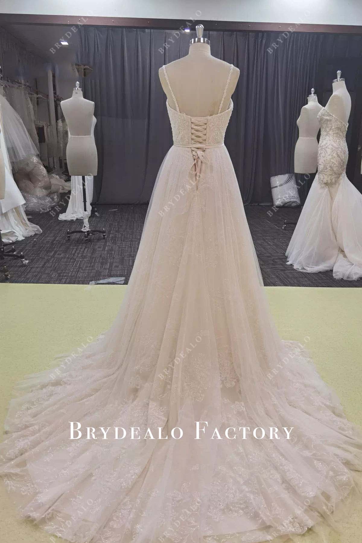 lace thin straps court train wedding dress