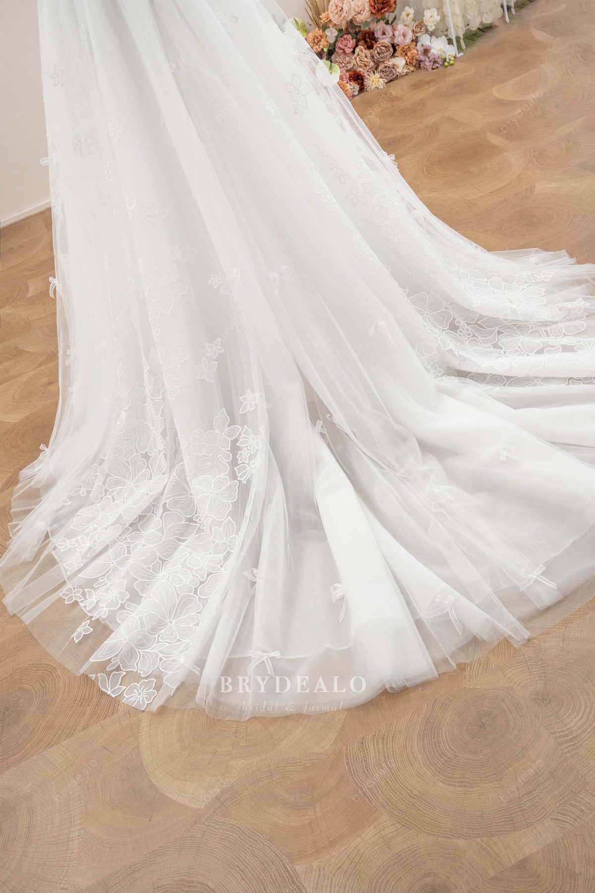 lace tulle court train wedding dress