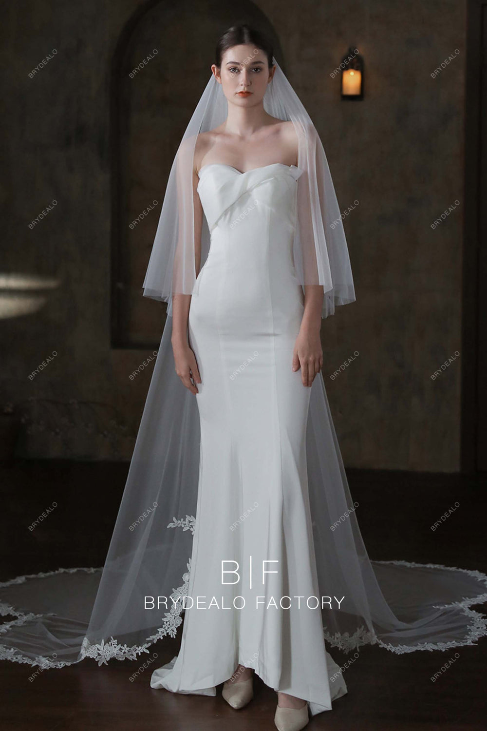 Elegant Shimmery Lace Two Tiered Sweep Length Wedding Veil