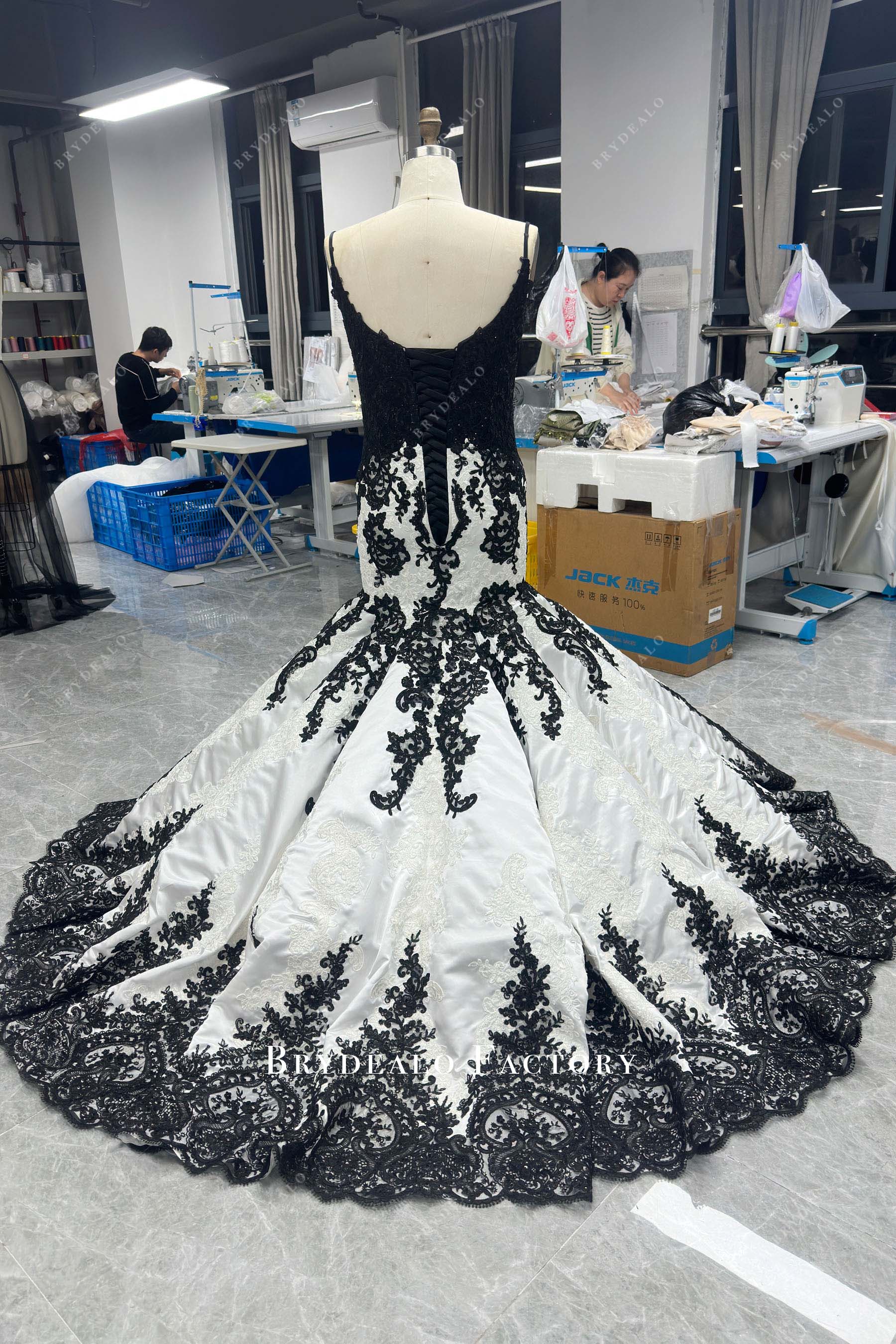 lace up back black white wedding dress