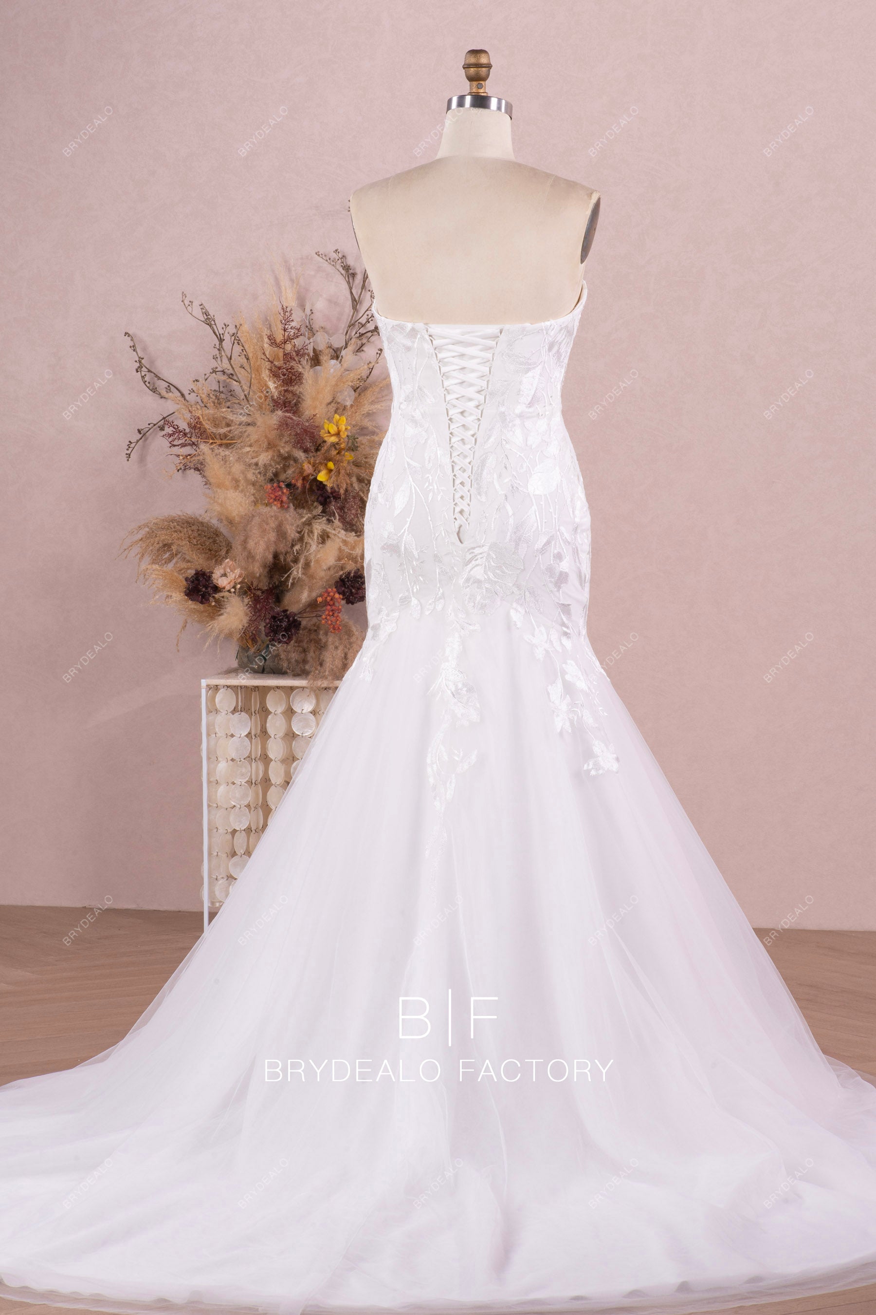 lace up back lace chapel train wedding dress