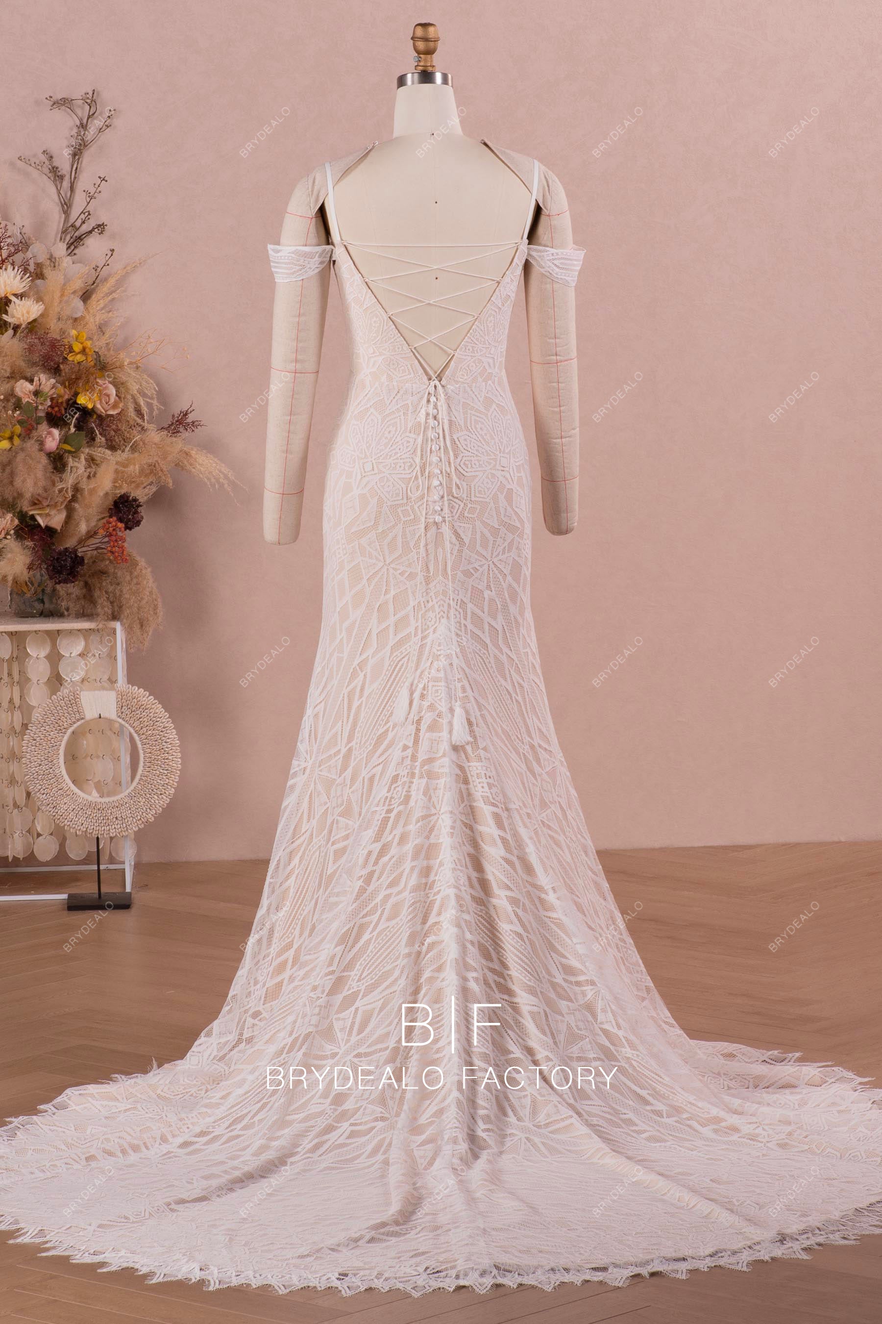 lace up back long boho wedding dress